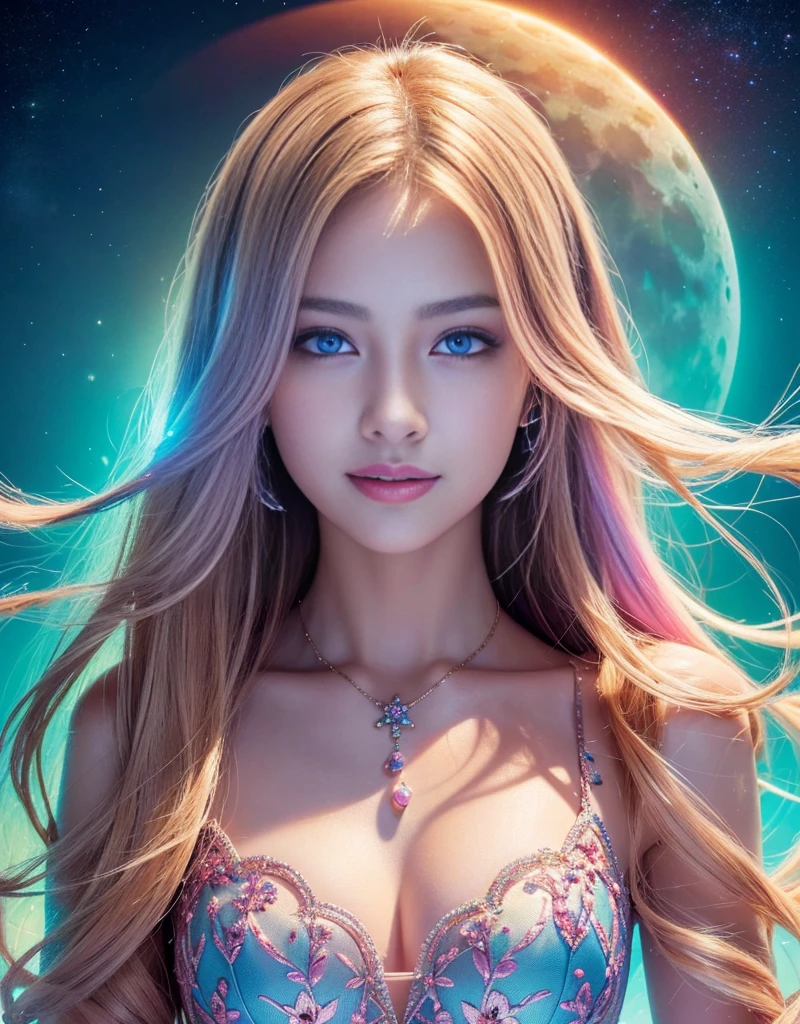 Ana de Armas portrait photo, blonde with blue eyes,Very long hair,Glowing and radiant skin,oilly skin,tmasterpiece, (美丽细致的眼睛:1.1), Best quality at best, illustratio, (Detailed lighting:1.2), (Beautiful and detailed light:1.3), Translucent clothes in various colors, deep understanding, The beautiful, iintricate, digitial painting, smooth private parts, Focus sharp, The end of the world, Epic reality, (HighDynamicRange:1.4), (pastel colour:1.4), apocalytic, abandon, com cores neutras, the night, Screen space refraction, (iintricate details, ultra - detailed:1.3), art stations, Cinema lenses, 小illustratio, the complex background, buliding,Enchanted smile,Detailed moon background,jewely,(独奏,1 girl,)
