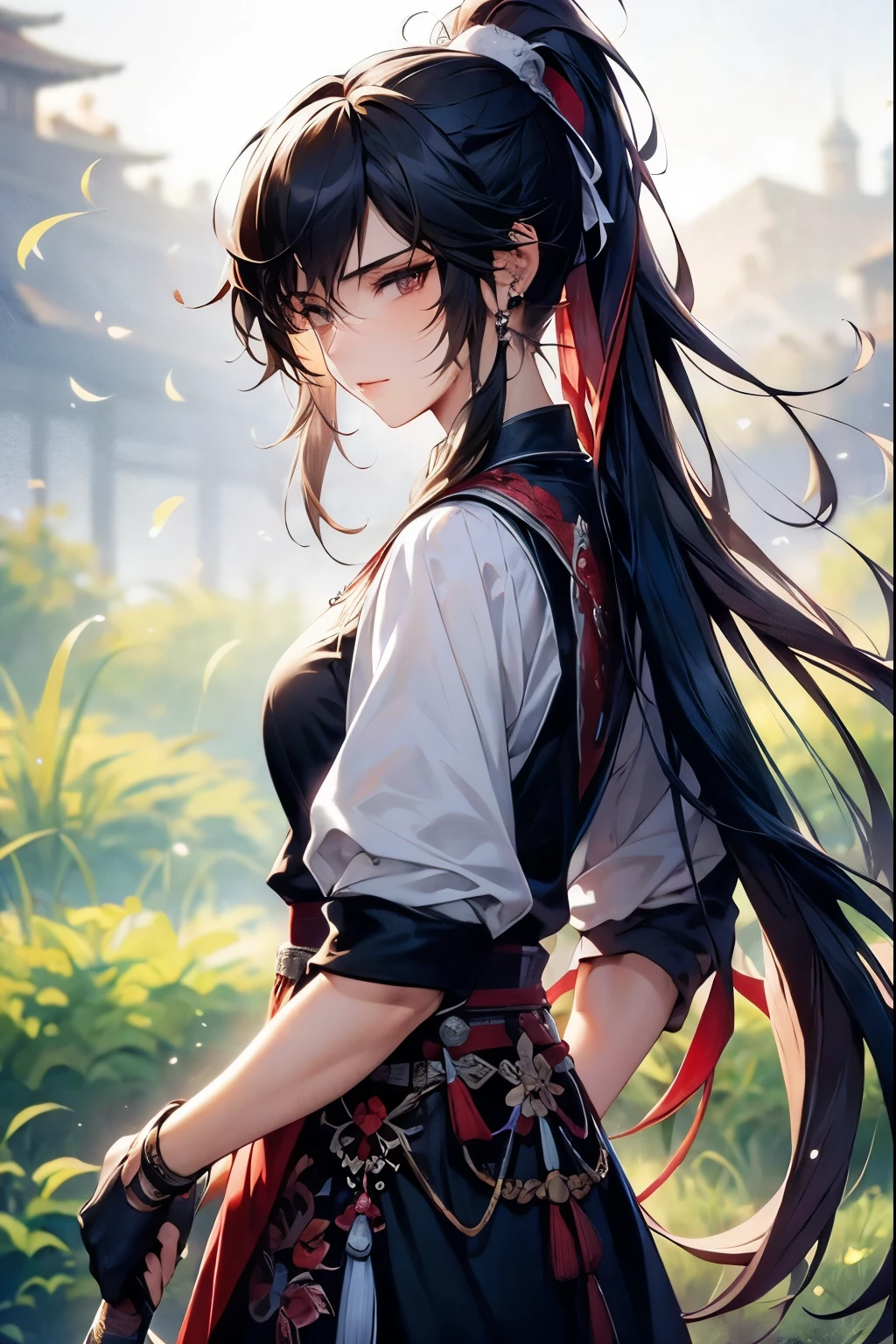 (Best quality at best,A high resolution,The image is clear，:1.2),A handsome young man holding a sword，Chinese style clothes，high ponytails，natta，Garden scene,under moonlight,starrysky