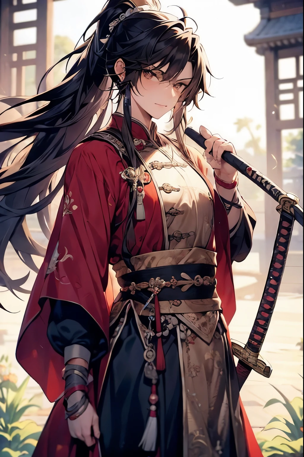 (Best quality at best,A high resolution,The image is clear，:1.2),A handsome young man holding a sword，Chinese style clothes，high ponytails，natta，Garden scene,under moonlight,starrysky