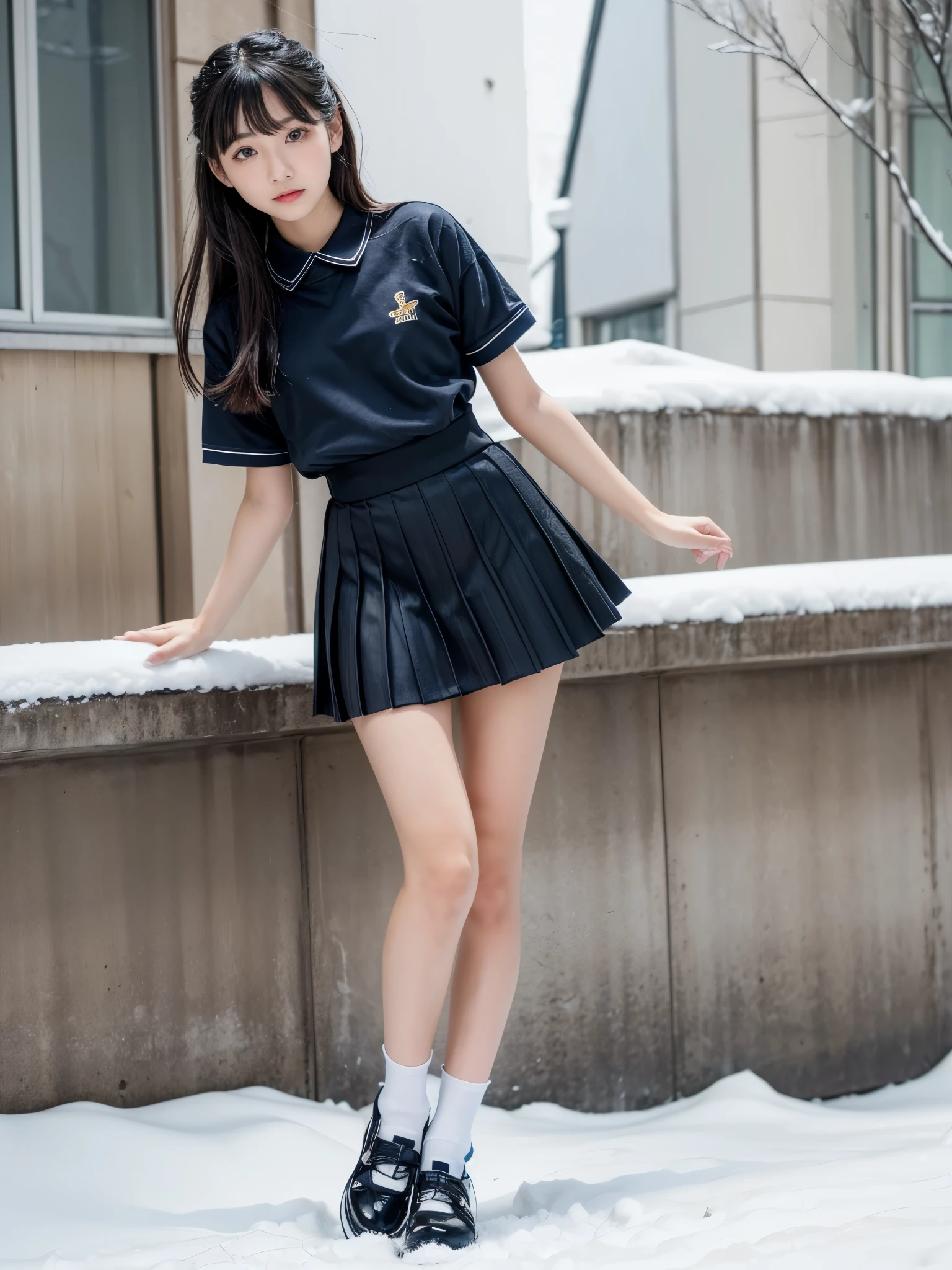 (in 8K、RAW Photos、top-quality、​masterpiece:1.2),
(realisitic、Photorealsitic:1.37),
ultra-detailliert,
high resolution,
1girl in,
a closeup,
Raw feet,
A dark-haired,
black eyes,
japanese,
color contact lens,
(beautiful legs:1.4),
(slender girl:1.4),
a beauty girl,
Thin body type,

a sailor suit,
School uniform, 
high-school girl, 
JK,
Ultra mini skirt,
Dark blue pleated skirt,
Short socks,
Tri-fold socks,
white sock,
Very short sleeves,
(Mary Jane shoes:1.3),
Full body, 
is standing,
(heavy snowing:1.0), 
(deep snow:1.0)