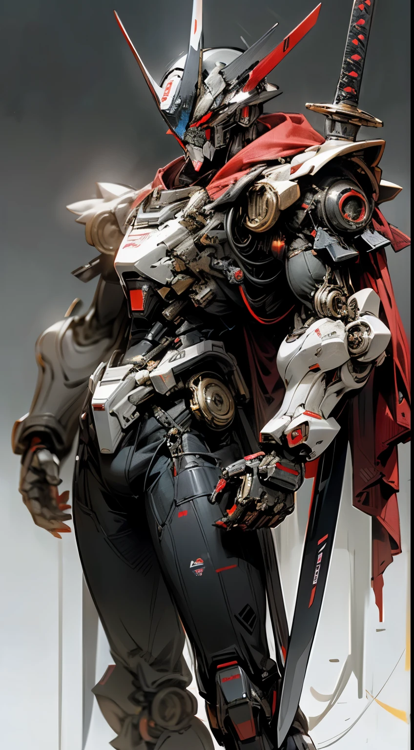 Raw photo, Dark Fantasy, Cyberpunk, (Big Revolver, Sword Man, Red: 1.1), 1man, Mechanical Wonder, Robotic Presence, Cybernetic Guardian, red, white, samurai Gundam, extremely high detailed, half-body, Kamen rider tycoon,