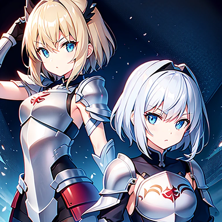 short-hair silber hair s girl Sword and shield Red armor kawaii faces