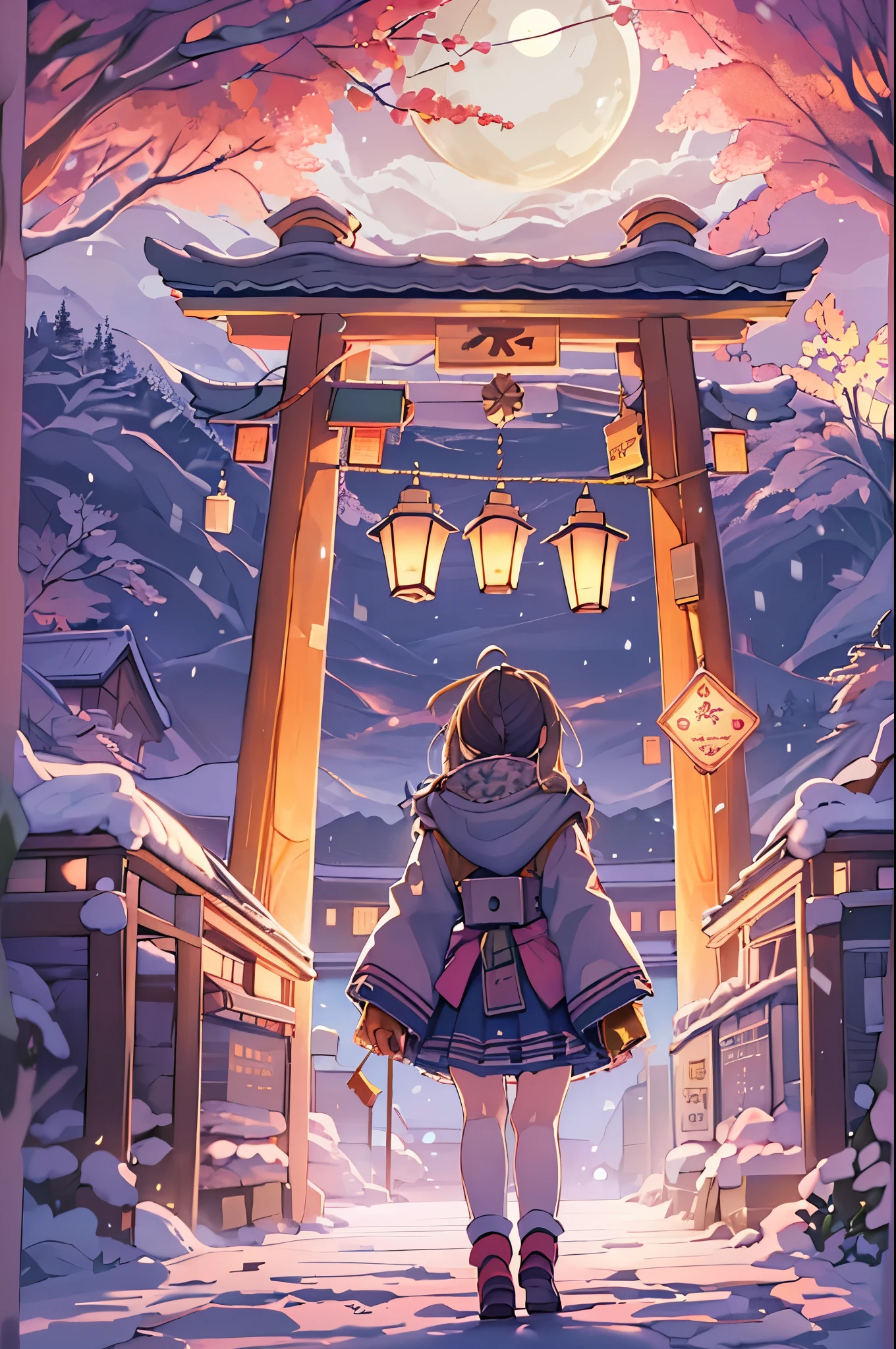 huge-breasted、kawaii、(Sunny Clothes)、torii gate,((Oblique angle))、{{close up to face}}、eye closed、bbw、thick thight、big butts、Ultramammy, Winter days, Anime Background Art, japanese art style, beautiful anime scene,detailed scenery - width 672, Background art, Anime landscapes, Anime Background, Beautiful anime scenery, Beautiful peace scenes in anime, landscape artwork, Japan Village, Anime landscapesコンセプトアート, 8K))、New Year’s Day、1 moon,Hand in hand、Pray