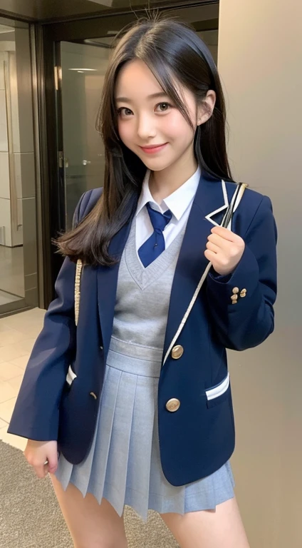 High school students Traditional Uniforms blazers Cute School Uniform a smile sano No sex appeal wholesome naturey natural Plump with round face Small eyes small chest directly in frontから sanoなポーズ Feeling without makeup directly in front A dark-haired Smile((top-quality、8K、masterpiece:1.3))、1girl in、hairstyle casual、二重まぶた、