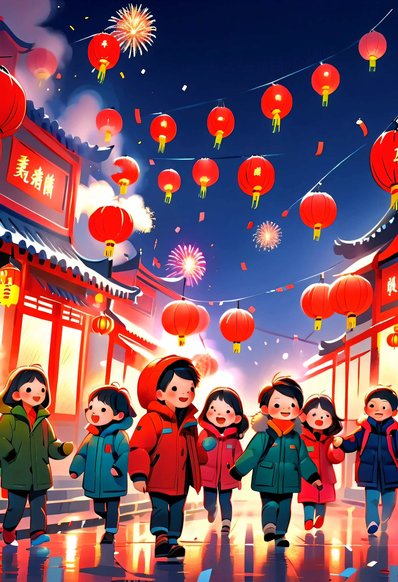 (Tim Burton style),(Illustrations capture the essence of Chinese New Year),(Modern town:1.2), ((Lanterns and festoons)),It's snowing,In the joyful atmosphere of the New Year,(5 children wearing down jackets set off firecrackers:1.3),(There are many fireworks in the sky:1.2),the picture was beautiful,(Detailed and vivid children'Hand drawn illustrations),Show people's expressions, (NSFW)
