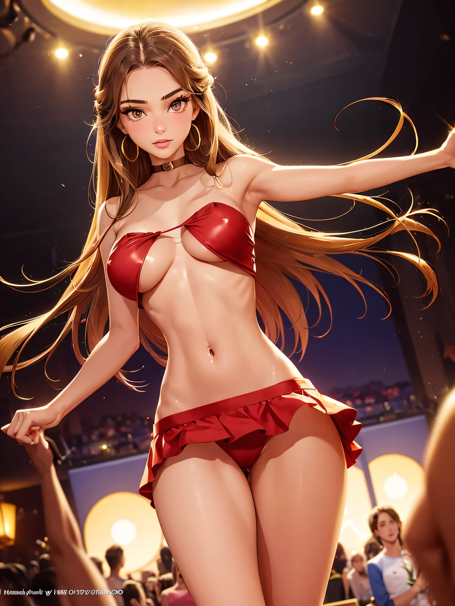 1girl,a beautiful fashion model ,(masterpiece, official art, best quality) (perfect eyes) ,long and shiny brown hair, light streaks  in hair,  full lips, cute nose, medium boobs, , elegant makeup, exhibitionism, naked in public, , slim thighs, toned body, shiny skin, sexy pose,,(( (slender, skinny, slim))), gold hoop earrings, eyeshadow, cute face, (((girl with man))) embarrassed, coy, surprised, blush, glittery skin, girl dancing on stage, skinny thighs, narrow hips, skirt lift, red and GOLD OUTFIT, slutty top, abs, toned stomach, selt