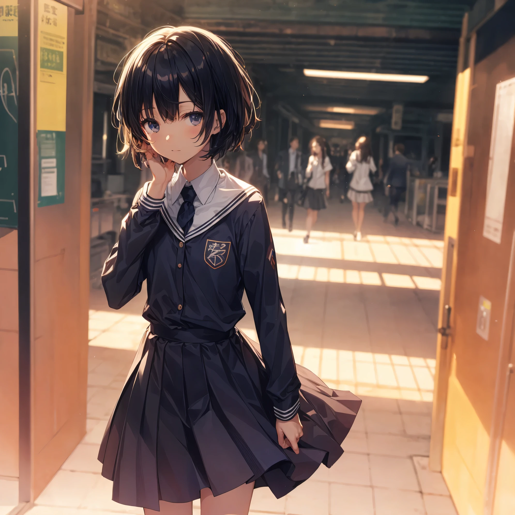 Super high quality by the art god, Ultra-detailed, High resolution, Shinkai Makoto style, anime moe art style, best anime 8K konachan wallpaper, Pixiv Contest Winner, Perfect Anatomy, BREAK,(Please draw a sleepy girl going to school alone.. ),BREAK, a hyperrealistic schoolgirl, (Solo,Lori,child,13years:1.3),Full limbs, complete fingers,a junior high school student, Androgynous attraction, (extra very short hair), hair messy, flat and soft chest, Small butt, groin, Small eyes,Beautiful detailed black eyes, Well-proportioned iris and pupils, disgusted eye, High resolution detailed hair, School uniform, Skirt, On the way to school. BREAK,Ultra-detailed細なスキン, Best lighting by famous artists, 8K, Illustration,