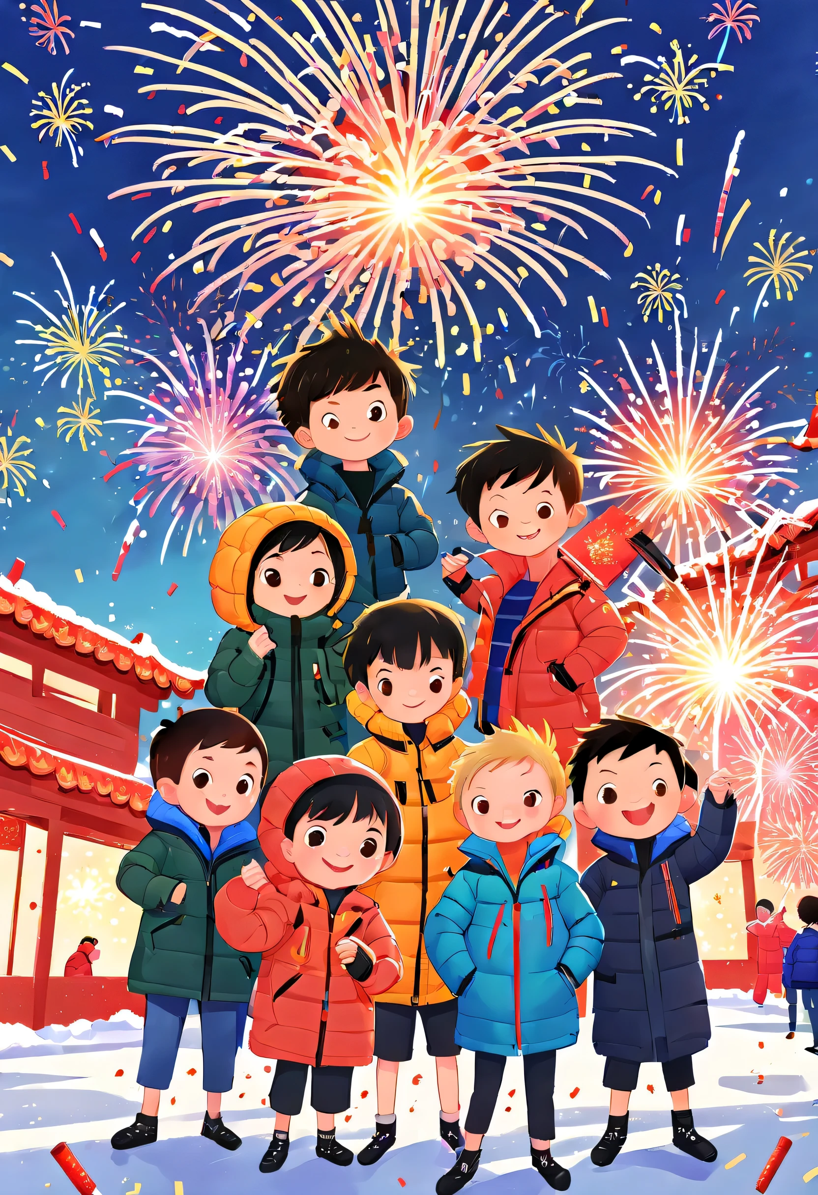 (Tim Burton style)，(Illustrations capture the essence of Chinese New Year)，(Modern town:1.2), (Lanterns and festoons)，It's snowing，In the joyful atmosphere of the New Year，(5 children wearing down jackets set off firecrackers:1.5)，(There are many fireworks in the sky:1.5)，the picture was beautiful，(Detailed and vivid children&#39;Hand drawn illustrations)，Show people&#39;s expressions, (NSFW)