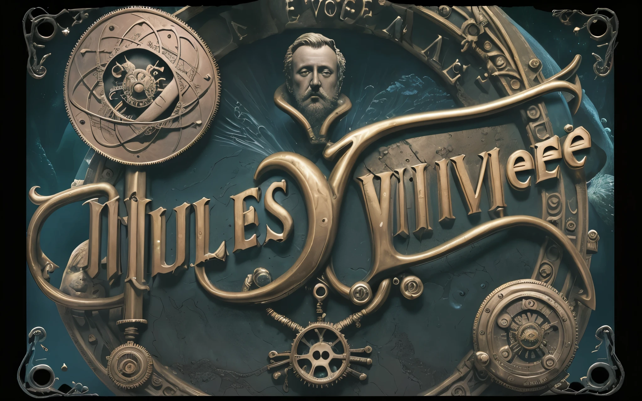 'Jules Verne'", steampunk seapunk book cover titled 'Jules Verne', masthead headline word "Jules Verne", gothic font, gothik dark background. hd, 4k, grave inscription, water, wet, undersea creatures, photo, typography, male portrait