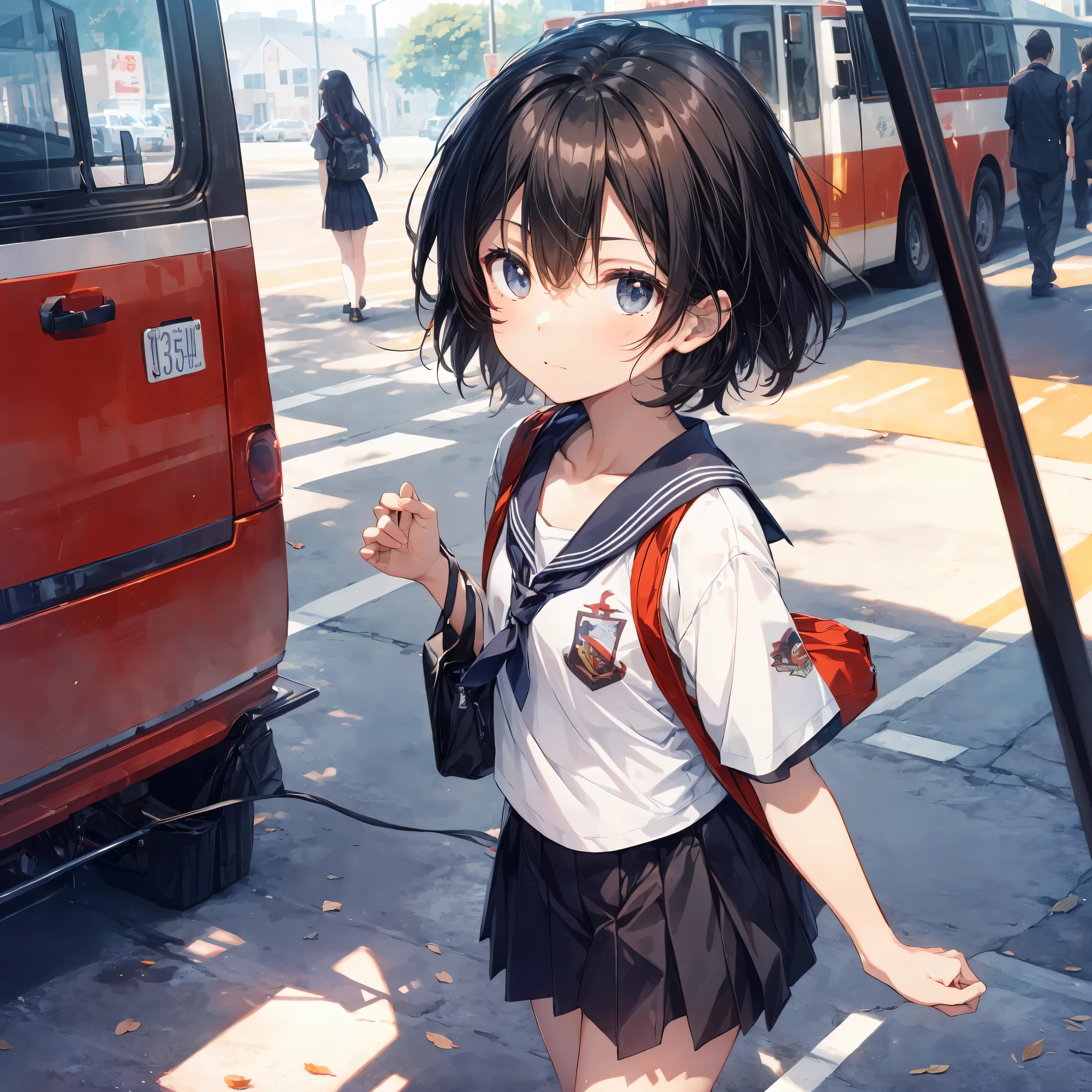 Super high quality by the art god, Ultra-detailed, High resolution, Shinkai Makoto style, anime moe art style, best anime 8K konachan wallpaper, Pixiv Contest Winner, Perfect Anatomy, BREAK,(Please draw a sleepy girl going to school alone.. ),BREAK, a hyperrealistic schoolgirl, (Solo,Lori,,13yea:1.3),Full limbs, complete fingers,a junior gynous attraction, (extra very short hair), hair messy, flat and soft chest, Small butt, groin, Small eyes,Beautiful detailed black eyes, Well-proportioned iris and pupils, disgusted eye, High resolution detailed hair, School uniform, Skirt, On the way to school. BREAK,Ultra-detailed細なスキン, Best lighting by famous artists, 8K, Illustration,