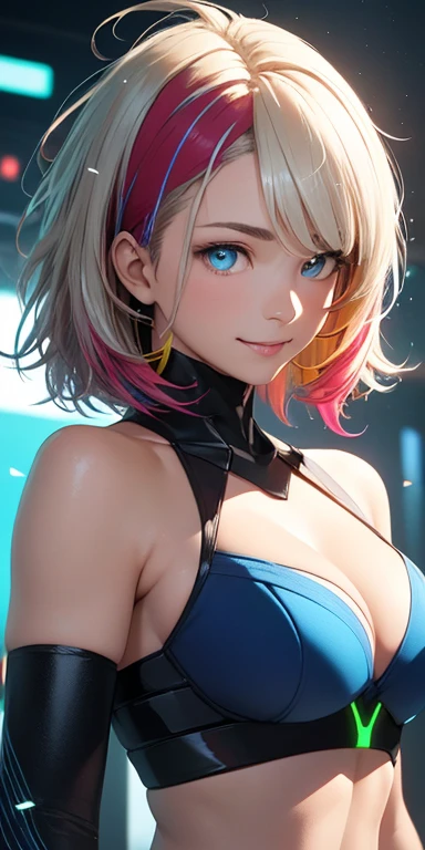 baby face, (short multicolored fluorescence hair:1.5,messy hair:1.5), (photorealistic:1.8), (masterpiece, sidelights, exquisite beautiful eyes: 1.5), masterpiece*portrait, realistic, 3D face,(cute face),front view: 1.6、 (glowing blue eyes:1.2),plump face:1.5,(tareme:1.5)、(seductive smile:1.2),Rosy Mouth,Slim Body,abs, shiny hair, shiny skin: 1.5、medium breasts,cleavage、solo,,(stand)、(cyber-Punk Rocker)、(charactor focus:1.5、portlate、upper body),stage,