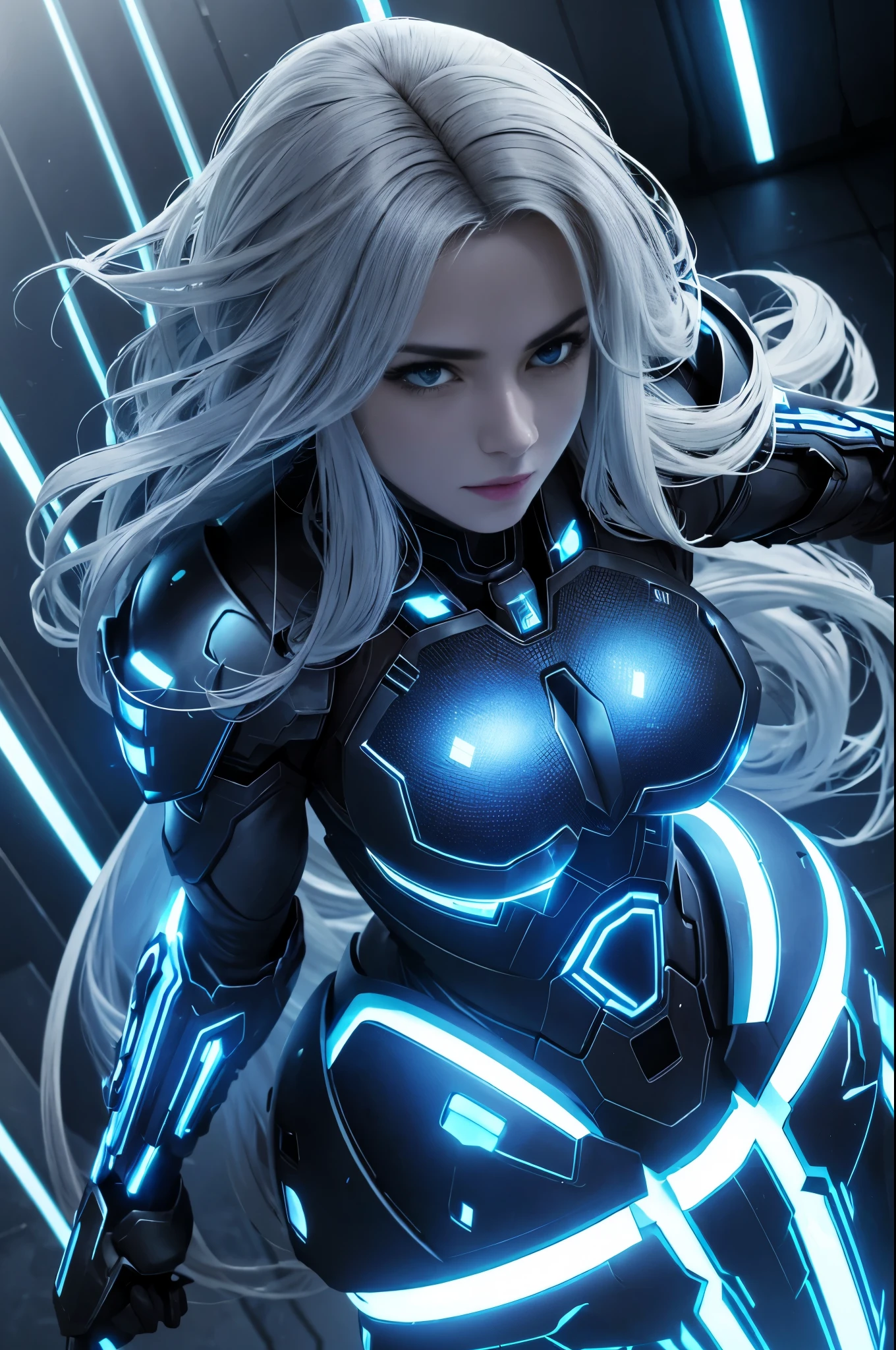 arafed woman in a futuristic armor standing, large breasts:1.5, long hair, looking at viewer, posing with a weapon, cyber patterns, no helmet, at the top of a wall, well lit, soft lights