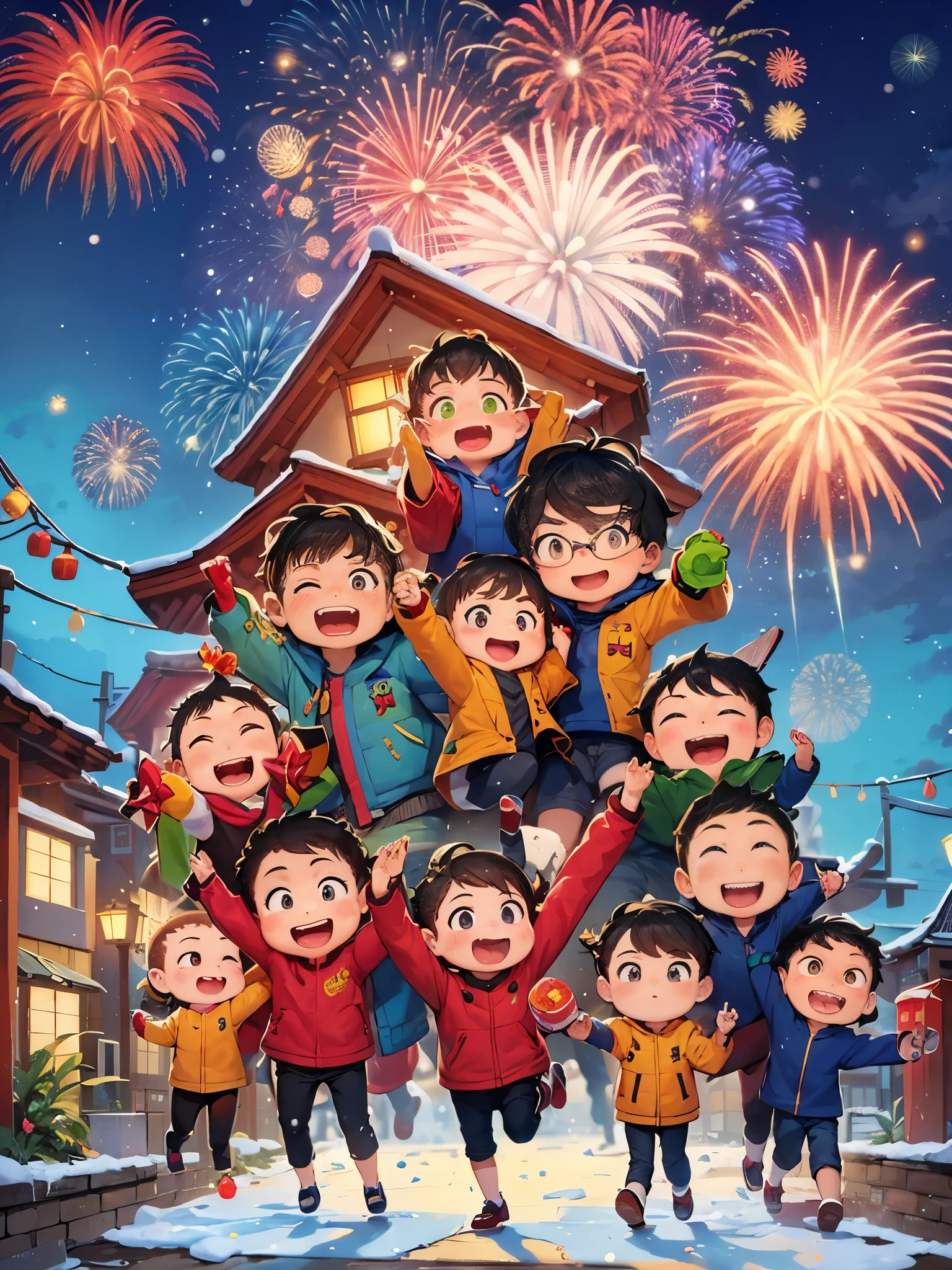 Kids Book, (Tim Burton style),(Illustration captures the essence of Chinese New Year),(Modern town:1.2), (Lanterns and festoons),It's snowing,In the joyful atmosphere of the Spring Festival,(5 children in down jackets set off firecrackers and fireworks),(There are many fireworks in the sky),The picture is beautiful,(Detailed and vivid children's hand-drawn illustrations),Show character expressions