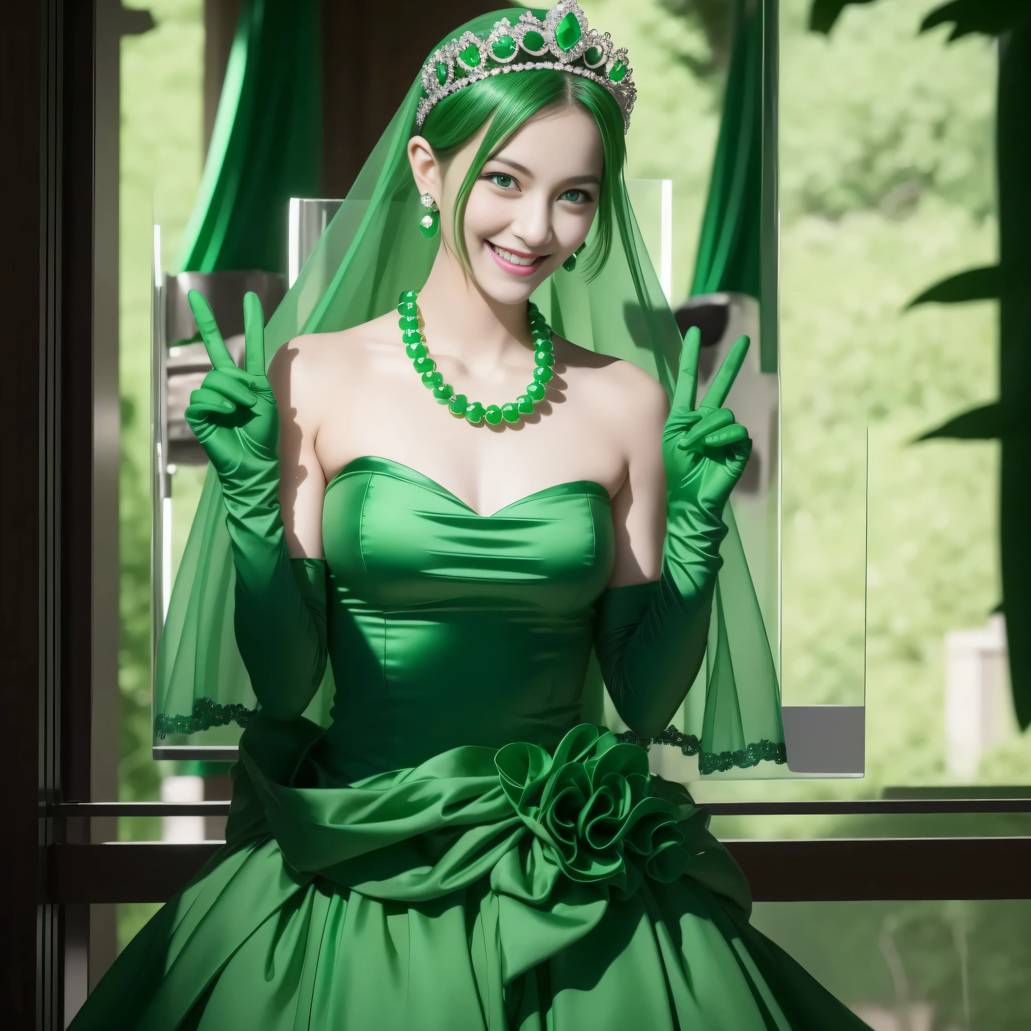 emerald tiara, Green Pearl Necklace, Boyish very short green hair, lipsticks, Japan woman smiling, very short short hair, big breasts beautiful, Green eyes, Long green gloves made of satin material, Green eyes, Emerald Earrings, green vale, v sign