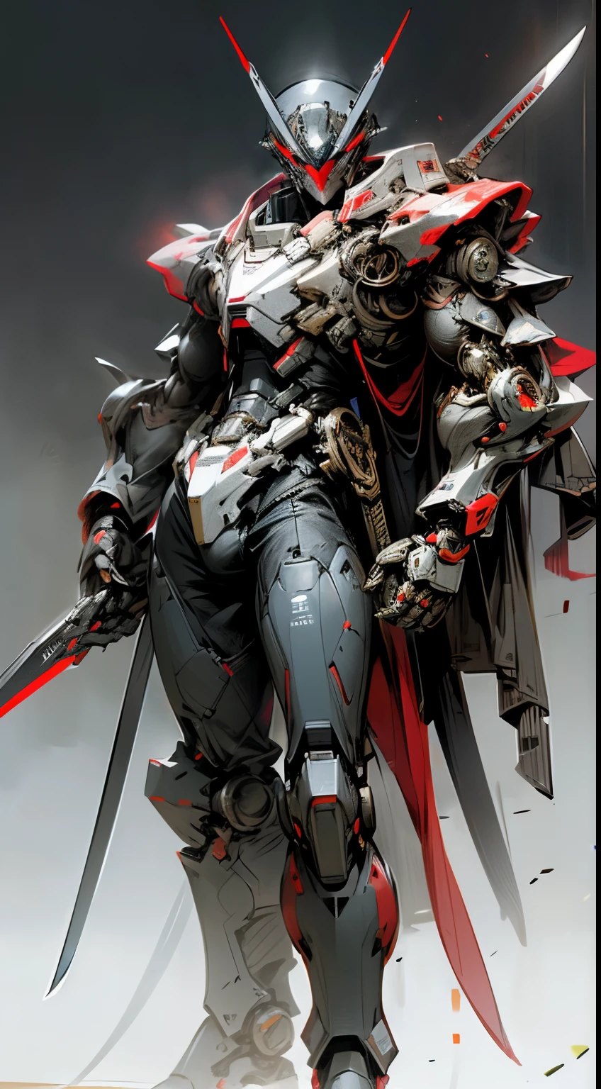 Raw photo, Dark Fantasy, Cyberpunk, (Big Revolver, Sword Man, Red: 1.1), 1man, Mechanical Wonder, Robotic Presence, Cybernetic Guardian, red, white, samurai Gundam, extremely high detailed, half-body, Kamen rider tycoon,