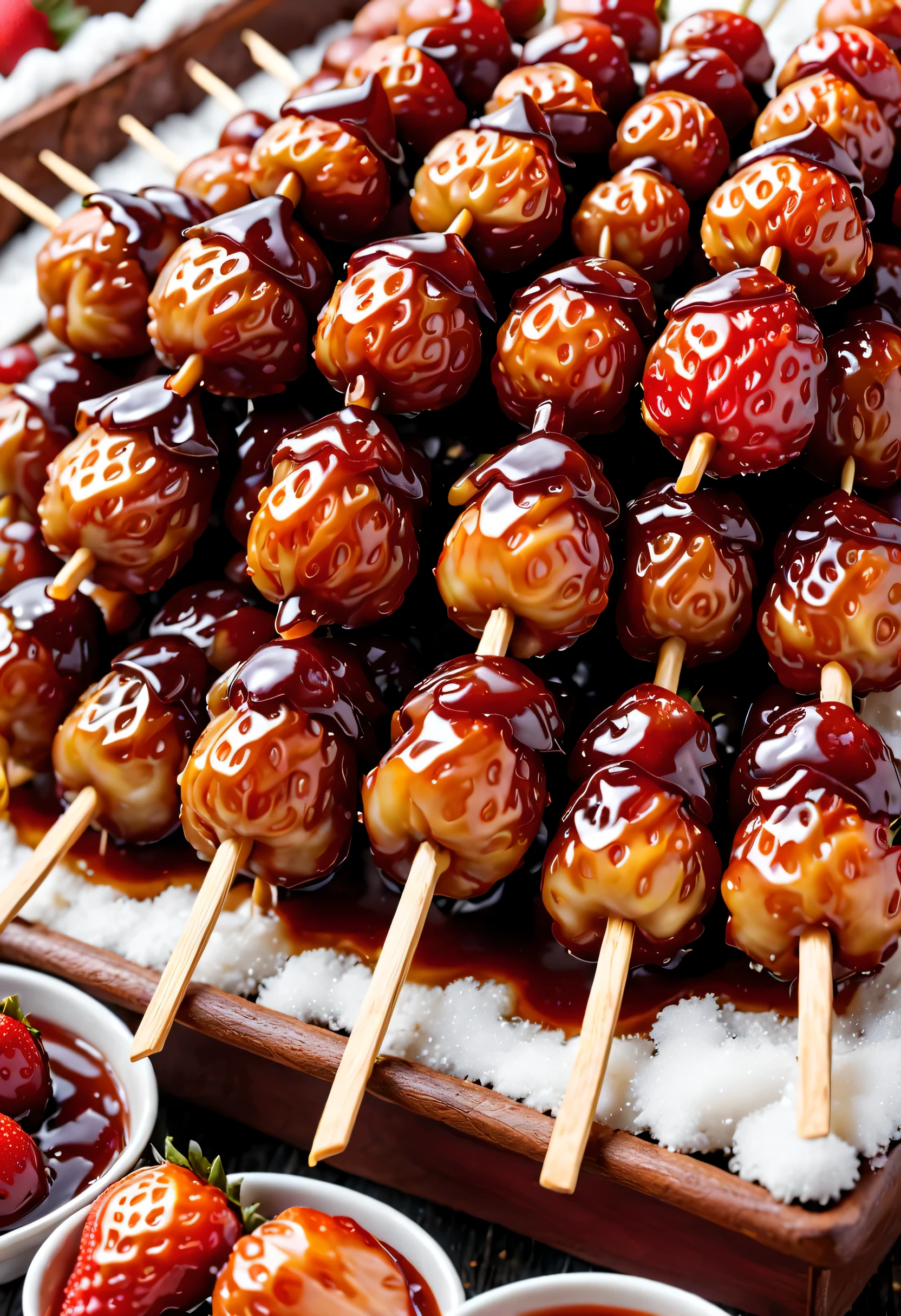 (Close-up of many candied haws skewers sold at the temple fair，Dates and strawberries with syrup and sesame seedackground and: Northeast rural festival fireworks bloom on snow covered nights, The content is very detailed, Best quality at best, A high resolution, tmasterpiece, Live photos, 8K, Perspectives, rural,