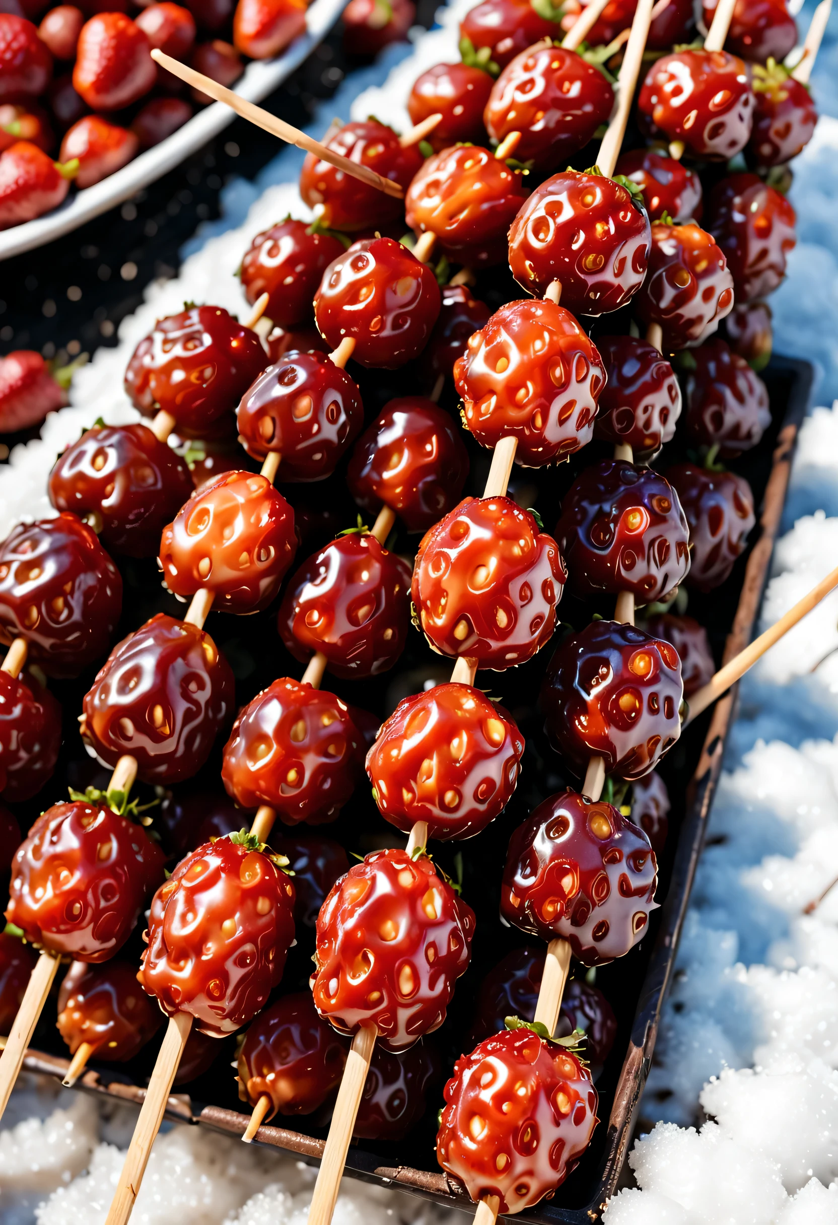 (Close-up of many candied haws skewers sold at the temple fair，Dates and strawberries with syrup and sesame seedackground and: Northeast rural festival fireworks bloom on snow covered nights, The content is very detailed, Best quality at best, A high resolution, tmasterpiece, Live photos, 8K, Perspectives, rural,