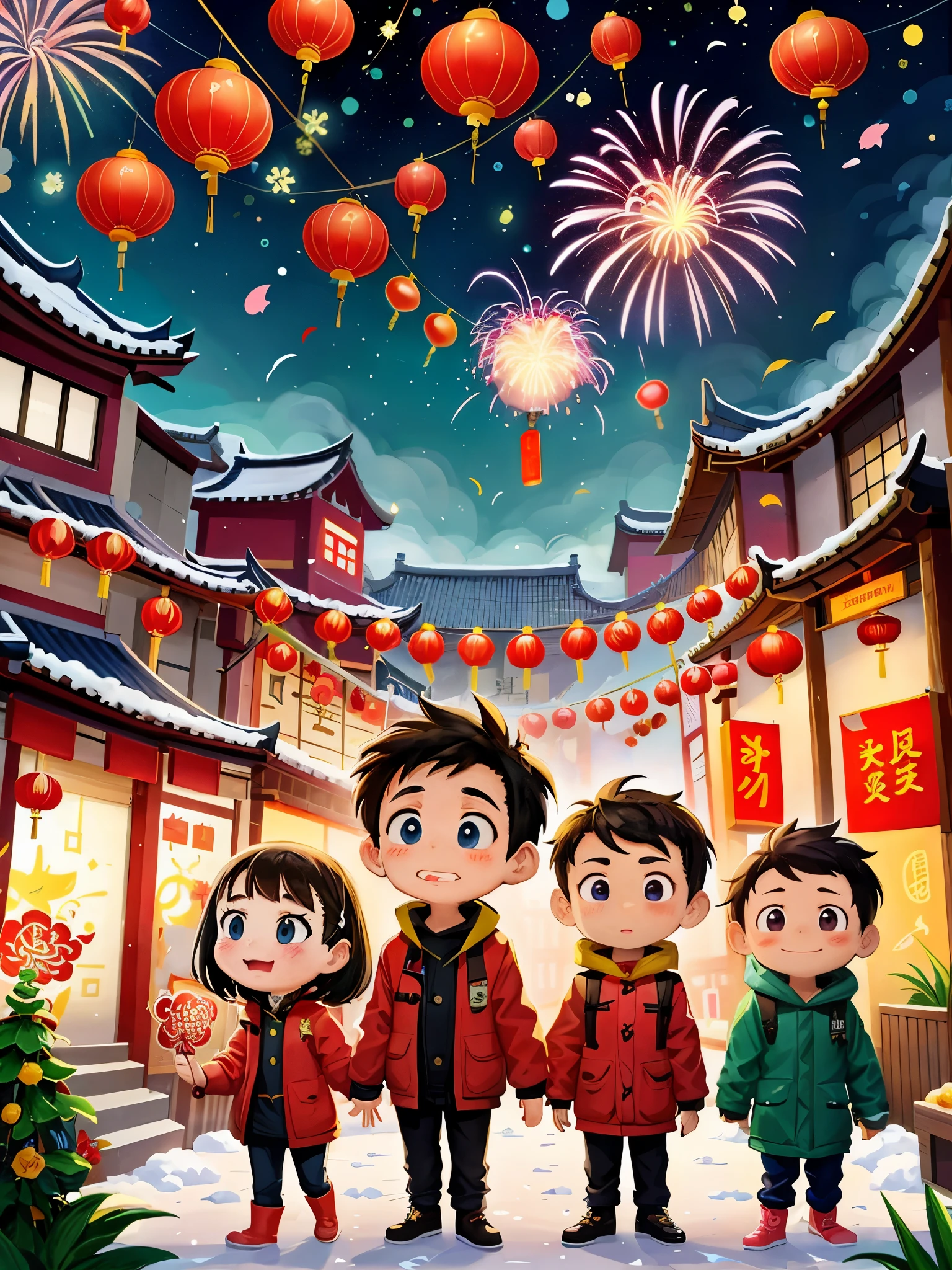 Kids Book, (Tim Burton style),(Illustration captures the essence of Chinese New Year),(Modern town:1.2), (Lanterns and festoons),It's snowing,In the joyful atmosphere of the Spring Festival,(5 children in down jackets set off firecrackers and fireworks),(There are many fireworks in the sky),The picture is beautiful,(Detailed and vivid children's hand-drawn illustrations),Show character expressions