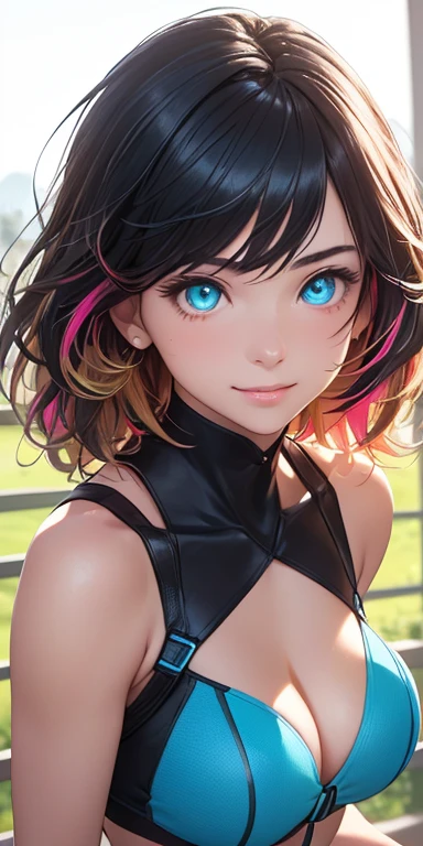 baby face, (short multicolored fluorescence hair:1.5,messy hair:1.5), (photorealistic:1.8), (masterpiece, sidelights, exquisite beautiful eyes: 1.5), masterpiece*portrait, realistic, 3D face,(cute face),front view: 1.6、 (glowing blue eyes:1.2),plump face:1.5,(tareme:1.5)、(seductive smile:1.2),Rosy Mouth,Slim Body,abs, shiny hair, shiny skin: 1.5、medium breasts,cleavage、solo,,(stand)、(cyber-Punk)、(charactor focus:1.5、portlate、upper body),stage,