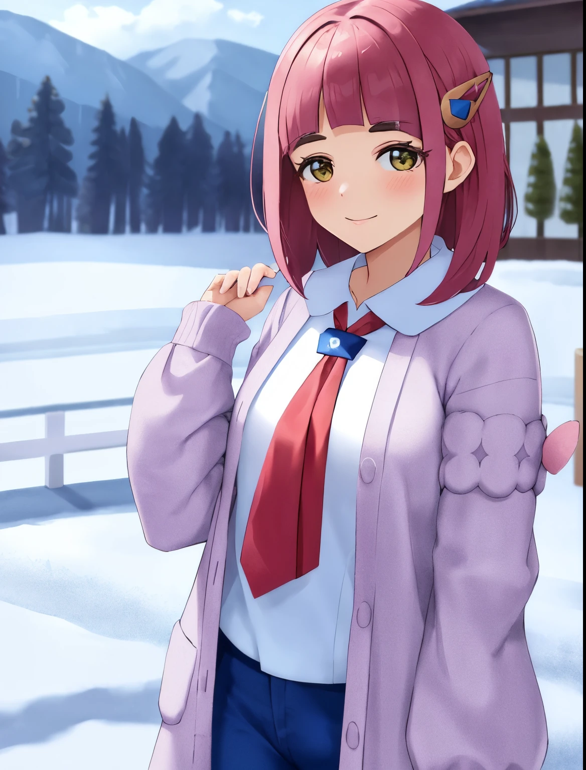 design, interrior, interriordesign (masterpiece, best quality, hi res:1.2), 1girl, (solo:1.2), pklacey, pink hair, detailed skin, tundra, snow, coat, white shirt, blue pants, necktie