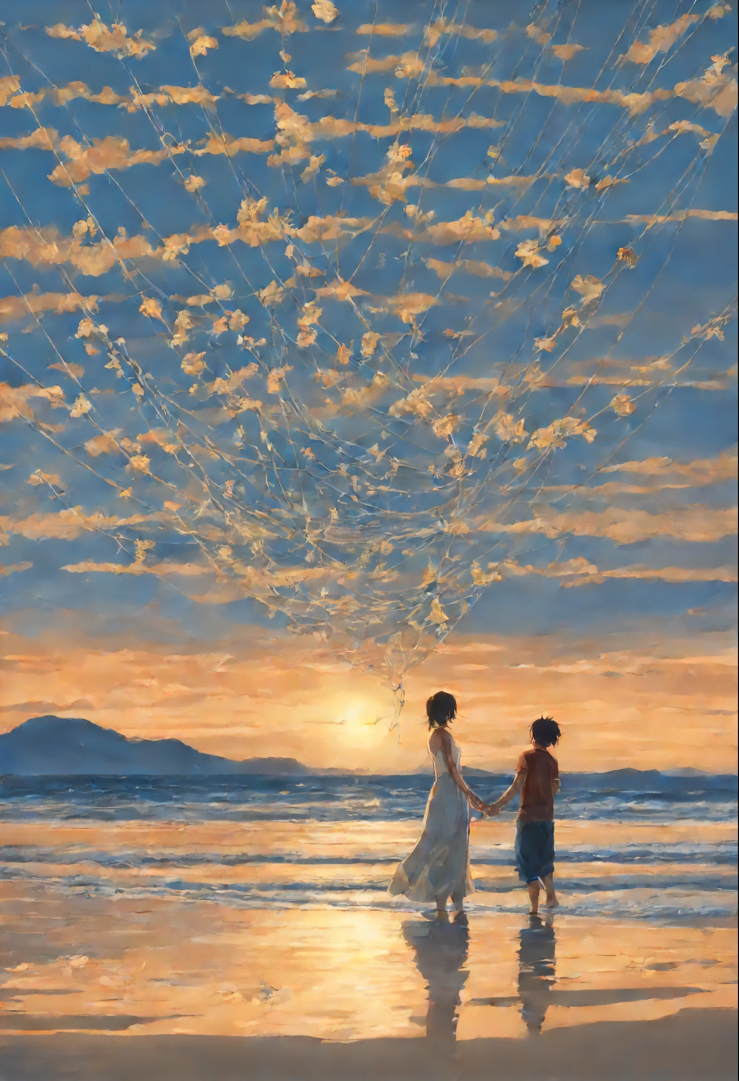 Painting of two children holding hands on a beach with a kite - SeaArt AI