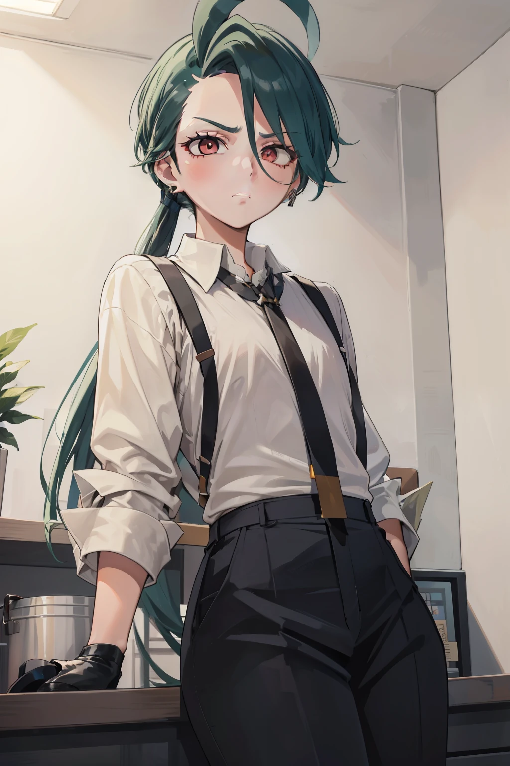 masterpiece,best quality,1girl,rika,white pupils,jewelry,earrings,eyelashes,flat chest,necktie,black necktie,shirt,collared shirt,grey shirt,suspenders,black gloves,black pants,shoes,tomboy,handsome,expressionless,indoors,