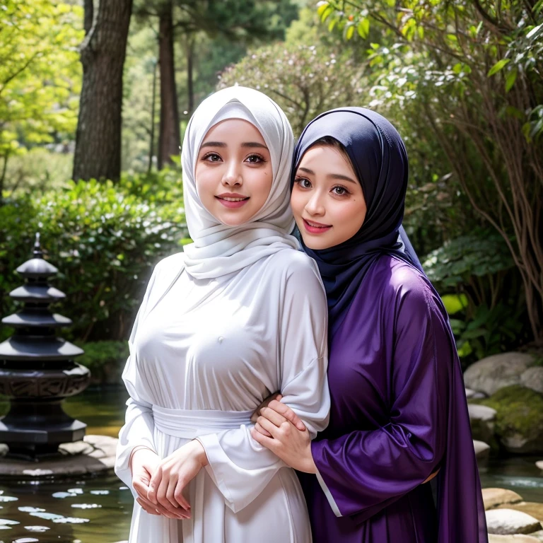 8K, absurdres, detailed face, half body, a beautiful muslimah woman named mira with medium breasts is wearing chador and malay baju kurung, her attractive girlfriend named filzah with big breasts wearing shawl and dress, mira is fondling filzah's breasts and tits, filzah's head tilted up, in a japanese garden, photorealistic, masterpiece, highly-detailed, naughty smile