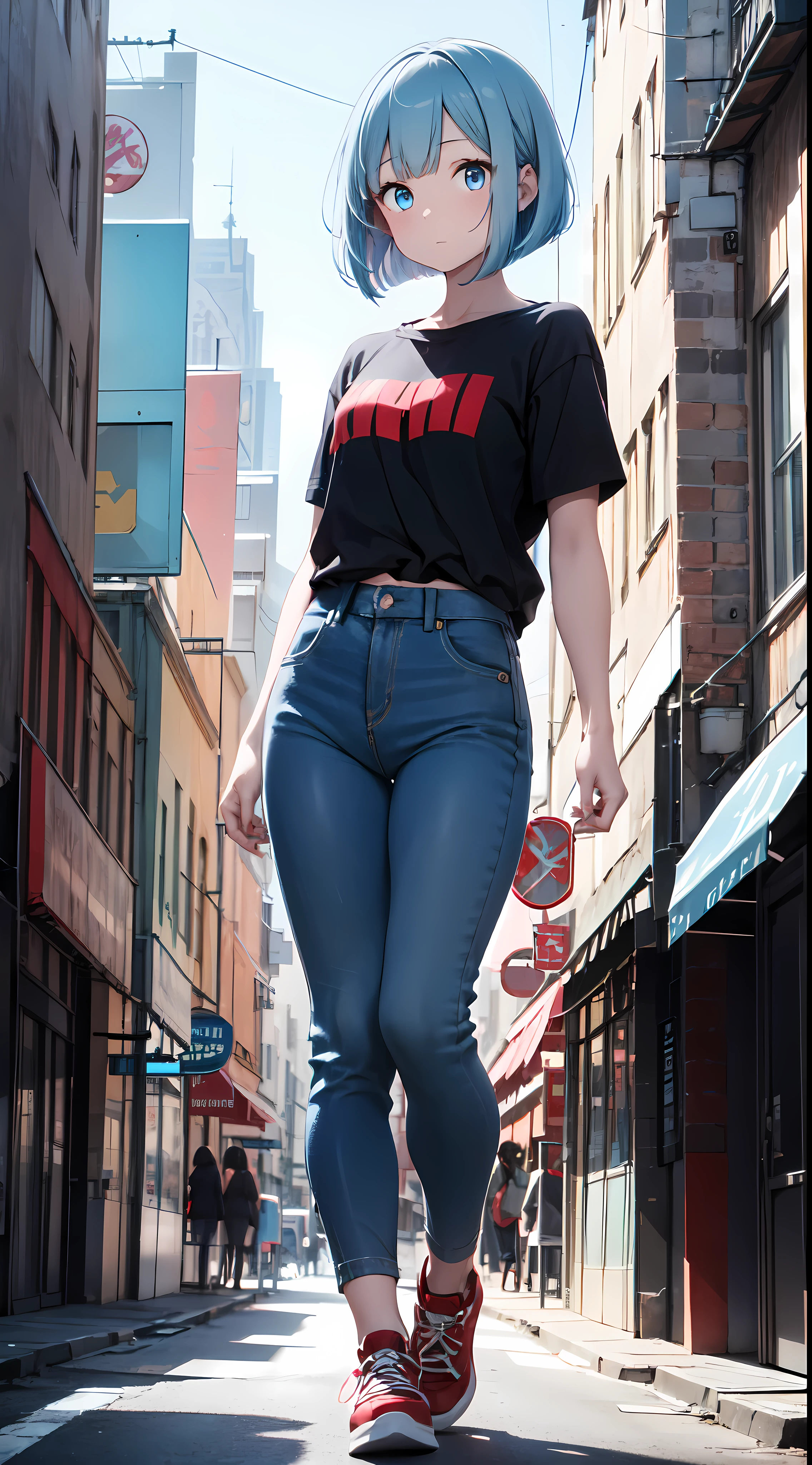 1girl, pale skin, light blue eyes, light blue hair, bob cut, (solid red t-shirt color: 0.5), blue pants, red shoes, full body view, city background, wide shot, negative space, vanishing point, high quality, highres, high details, 1080P