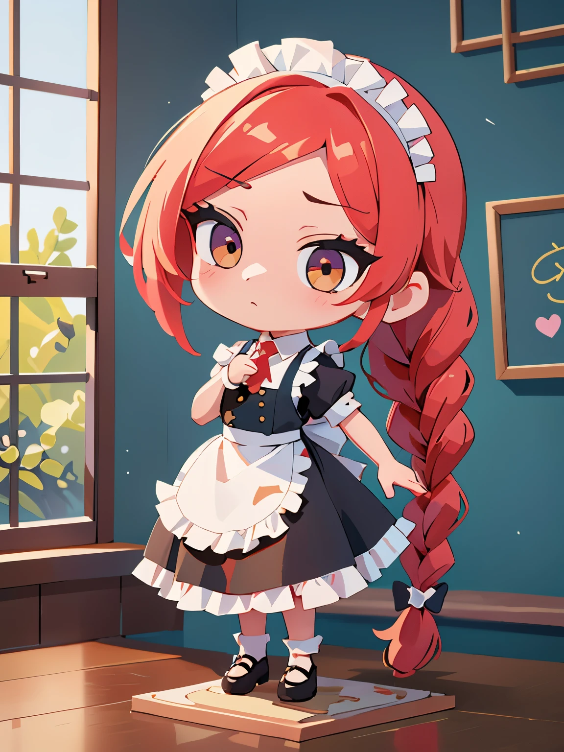 8k, masterpiece, highly detailed, beautiful woman, (single braid), chibi, maid