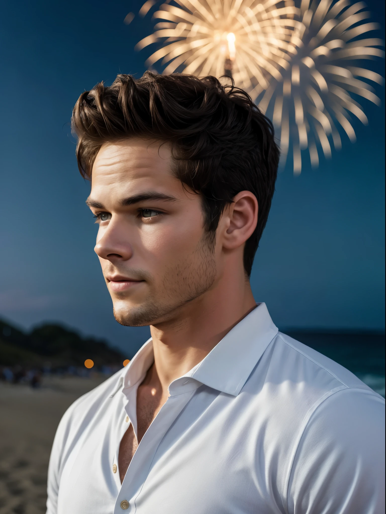 (best quality, realistic:1.37), Dylan O'Brien, portraits, fireworks, at the beach at night, white clothing, starry sky, looking at the fireworks, profile picture, happy, cheerful atmosphere