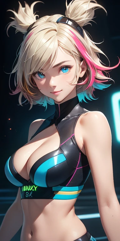 baby face, (short multicolored fluorescence hair:1.5,messy hair:1.5), (photorealistic:1.8), (masterpiece, sidelights, exquisite beautiful eyes: 1.5), masterpiece*portrait, realistic, 3D face,(cute face),front view: 1.6、 (glowing blue eyes:1.2),plump face:1.5,(tareme:1.5)、(seductive smile:1.2),Rosy Mouth,Slim Body,abs, shiny hair, shiny skin: 1.5、medium breasts,cleavage、solo,,(stand)、(cyber-Punk suit)、(charactor focus:1.5、portlate、upper body),stage,