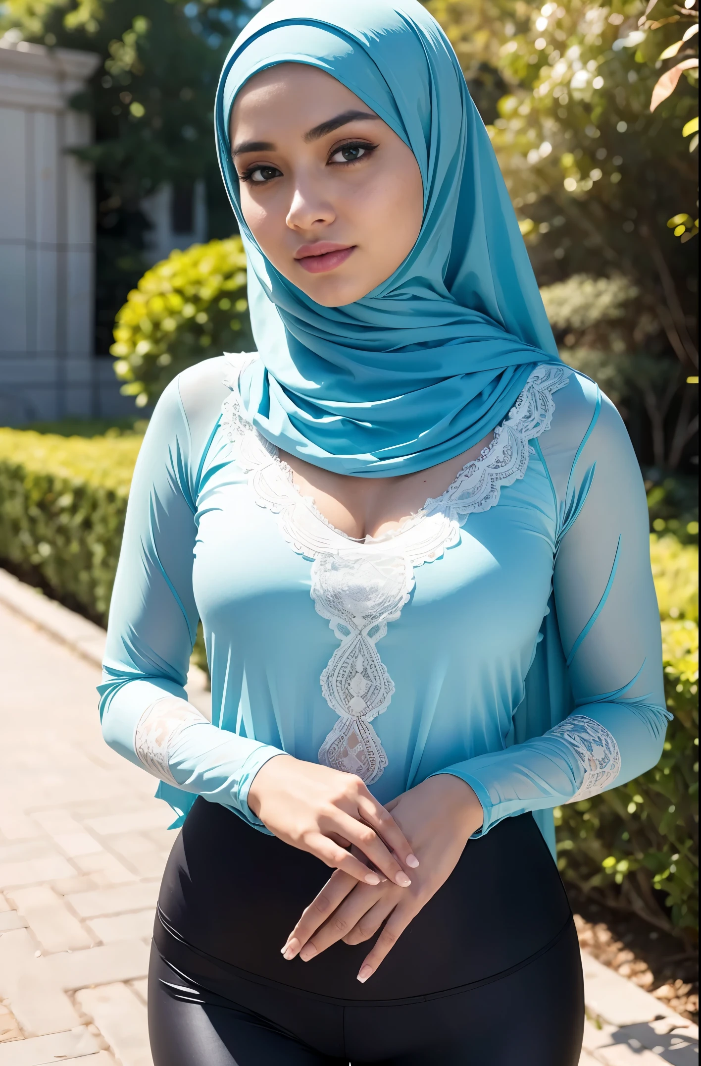 (masterpiece, best quality:1.2), cowboy shot, solo, 1 malay girl, smile, looking at viewer, hand on hip,pastel color hijab, eyewear on head, white floral lace bra and panties, style raw, pastel color grading, Super 8mm lense, close-up, Deep Focus cinematography effect