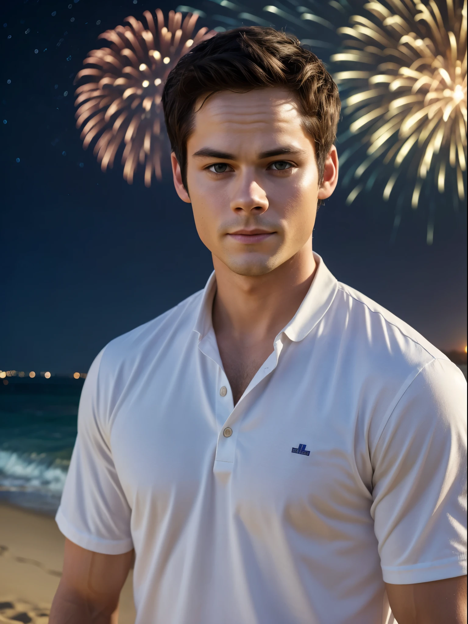 (best quality, realistic:1.37), Dylan O'Brien, portraits, fireworks, at the beach at night, white clothing, starry sky, looking at the fireworks, profile picture, happy, cheerful atmosphere