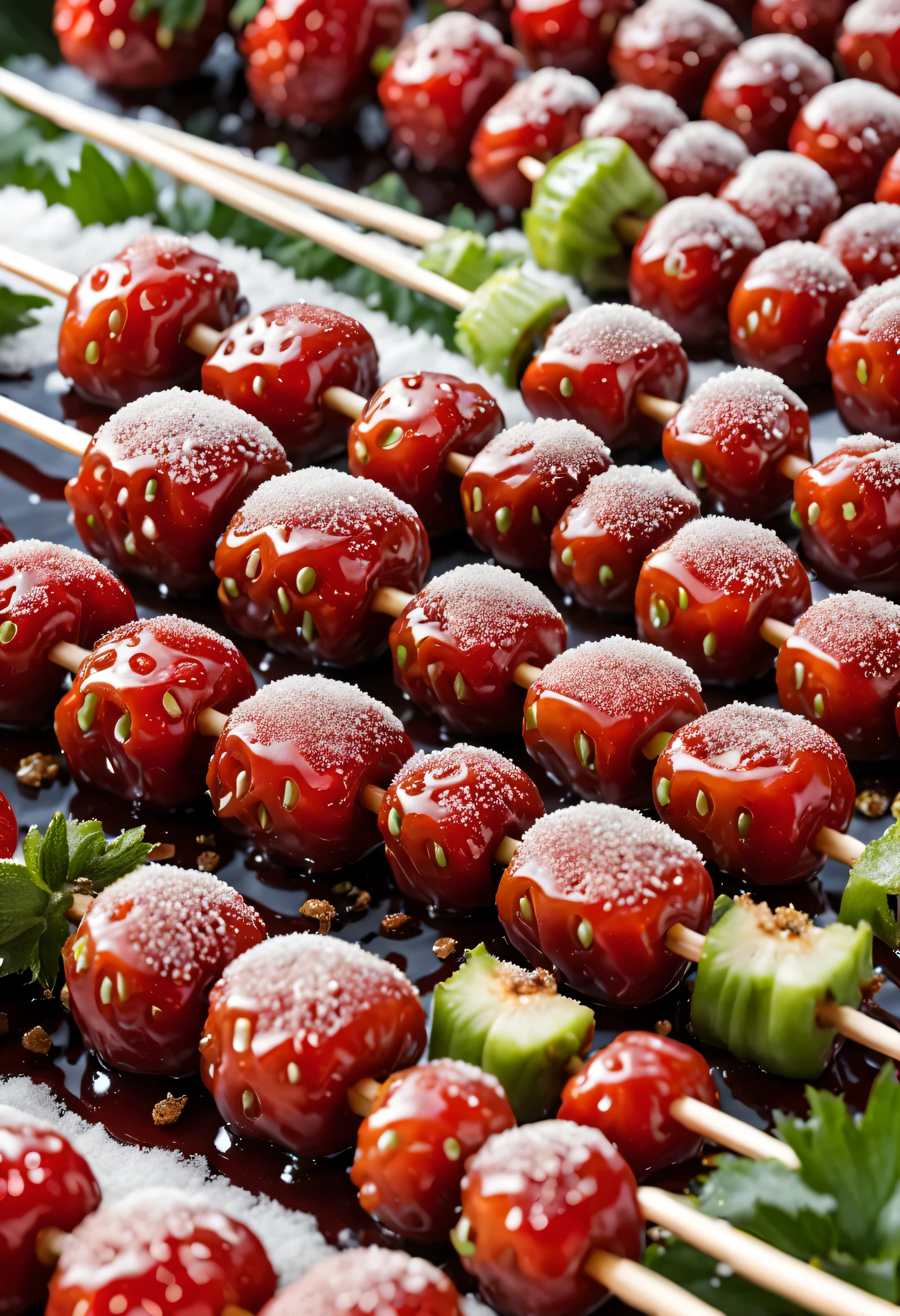 (Close-up of many candied haws skewers sold at the temple fair，Round red dates and fresh green strawberries，With syrup and sesame seeds background and: Northeast rural festival fireworks bloom on snow covered nights, The content is very detailed, Best quality, A high resolution, tmasterpiece, Live photos, 8K, Perspectives, rural,