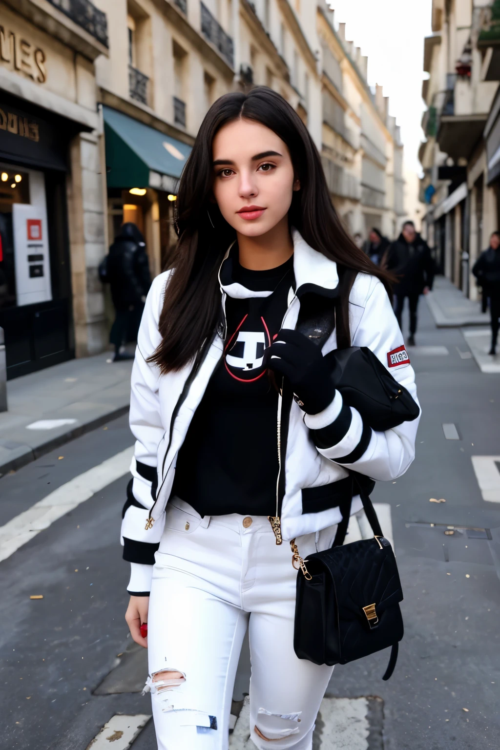 Best Quality, 8K, realistic, 32K, long brunette hair, 20 years old, beatufiful face, natural skin tone, white winter jacket, blue skinny jeans, black Fila disruptor 2 sneaker, walking on the street in Paris, winter, sunshine, blue sky