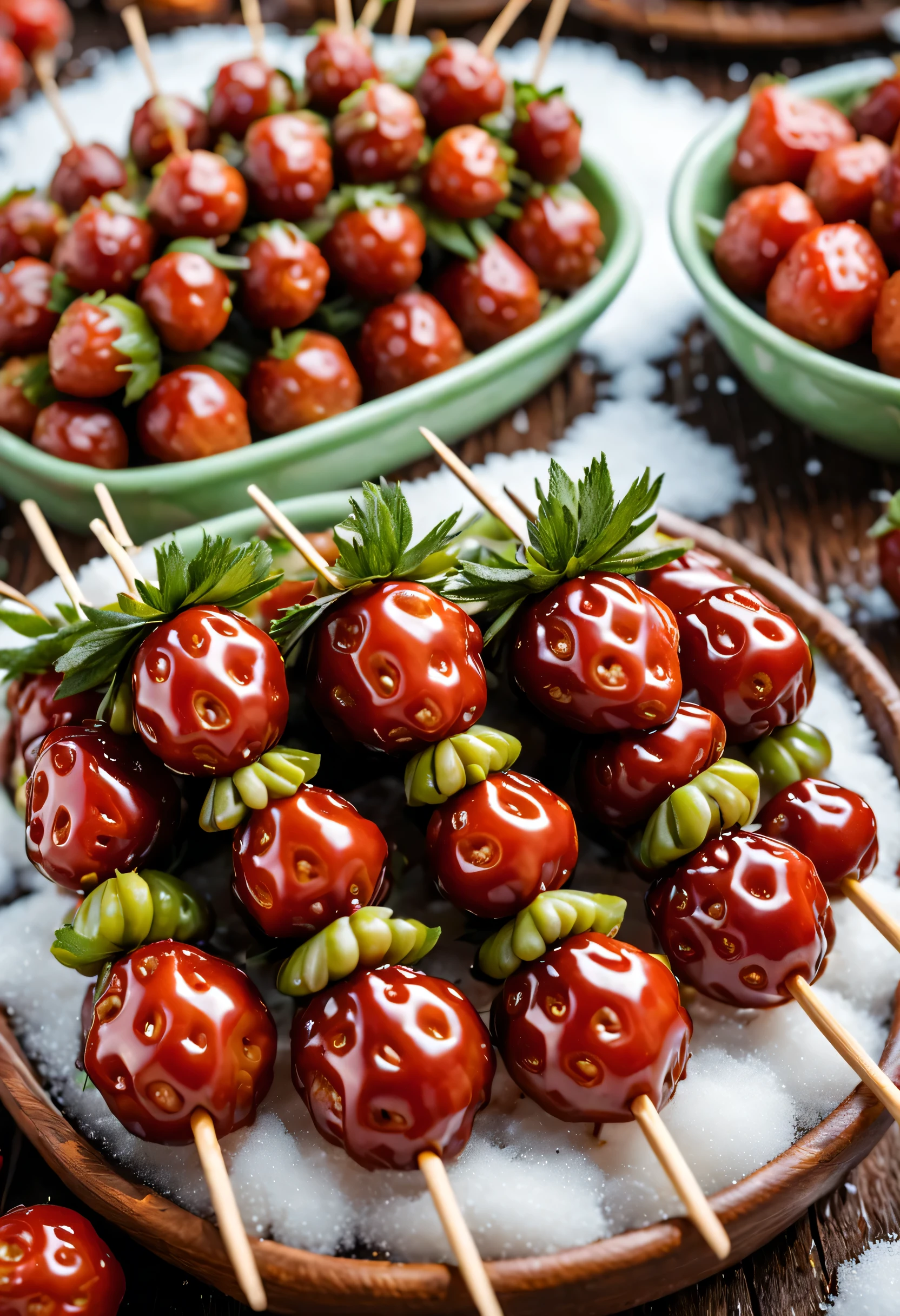 (Close-up of many candied haws skewers sold at the temple fair placed in wooden turtles），Round red dates and fresh green strawberries，There is syrup and sesame seeds background and: Northeast rural festival fireworks bloom on snow covered nights, The content is very detailed, Best quality at best, A high resolution, tmasterpiece, Live photos, 8K, Perspectives, rural,