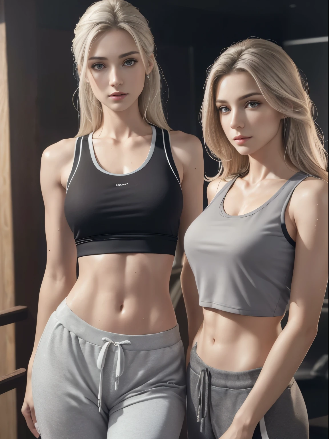 (Masterpiece, best quality, award winning, photorealistic, highres, UHD :1.ortrait, sharp focus, medium shot, 1 beautiful European woman, pretty girl, realistic model, skinny, slender figure, beautiful midriff, thin waist, (realistic skin, sweat body :1.1), realistic detailed face, beautiful and realistic eyes, layered hairstyle, white hair, highly detailed realistic hair, light makeup, attractive, stunning, ((wearing sport tank tops and sweatpants)), in the club ((photorealistic, realistic, super realistic, realism, realistic detail))