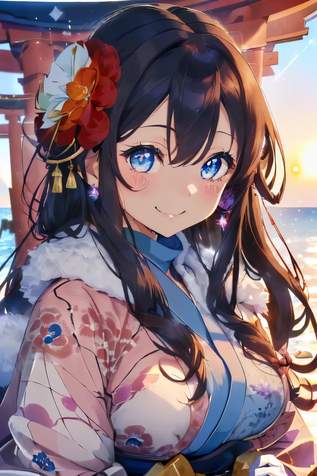 (Dark hair),(Curly hair with a lot of fluff:1.4),(Long, curly hair:1.3),(With bangs),(Blue eyes:1.25),Slight red tide,(Beautiful breasts spilling out of clothes:1.3),(Her eyes are sparkling:1.2),(Eye size:1.7),(gloves:1.5),(Kimono with cute design:1.4),(shores:1.4),(🌊),(first sunrise from the horizon:1.5),(Torii in the sea:1.4),(place々Japanese clothes with lace:1.3),(Brown short boots),(Happy smile:1.1),(Smiling smile:1.15),(Kadomatsu:1.25),(Accessories shaped like flowers and crystals:1.3),(close up of face:1.25),(和風な雰囲気の場place),(warm winter coat:1.3),(muffler:1.3),