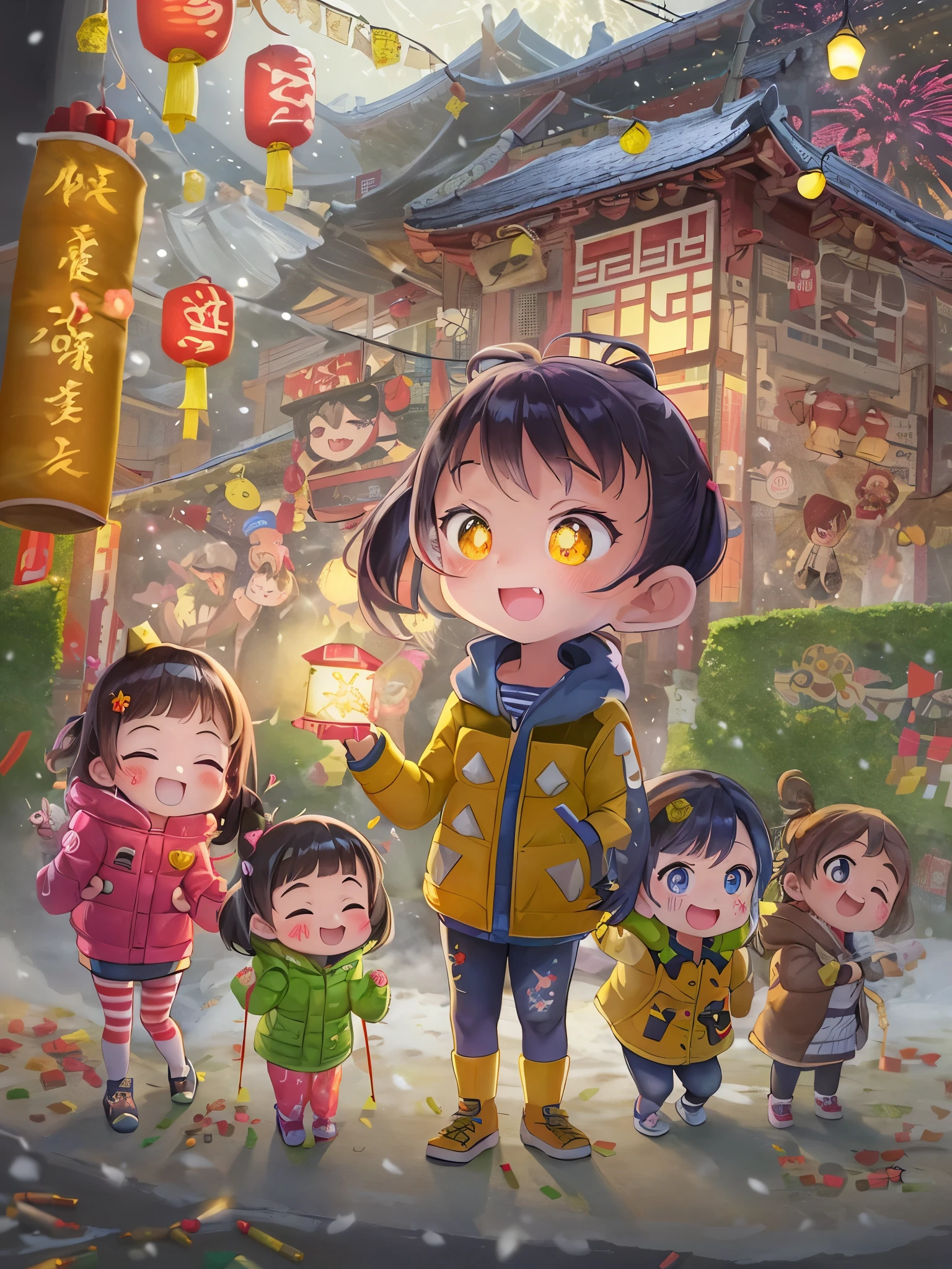 Kids Book, (Tim Burton style)，(Illustration captures the essence of Chinese New Year)，(Modern town:1.2), (Lanterns and festoons)，It's snowing，In the joyful atmosphere of the Spring Festival，(5 children in down jackets set off firecrackers and fireworks:1.5)，(There are many fireworks in the sky:1.5)，The picture is beautiful，(Detailed and vivid children&#39;s hand-drawn illustrations)，Show character expressions
