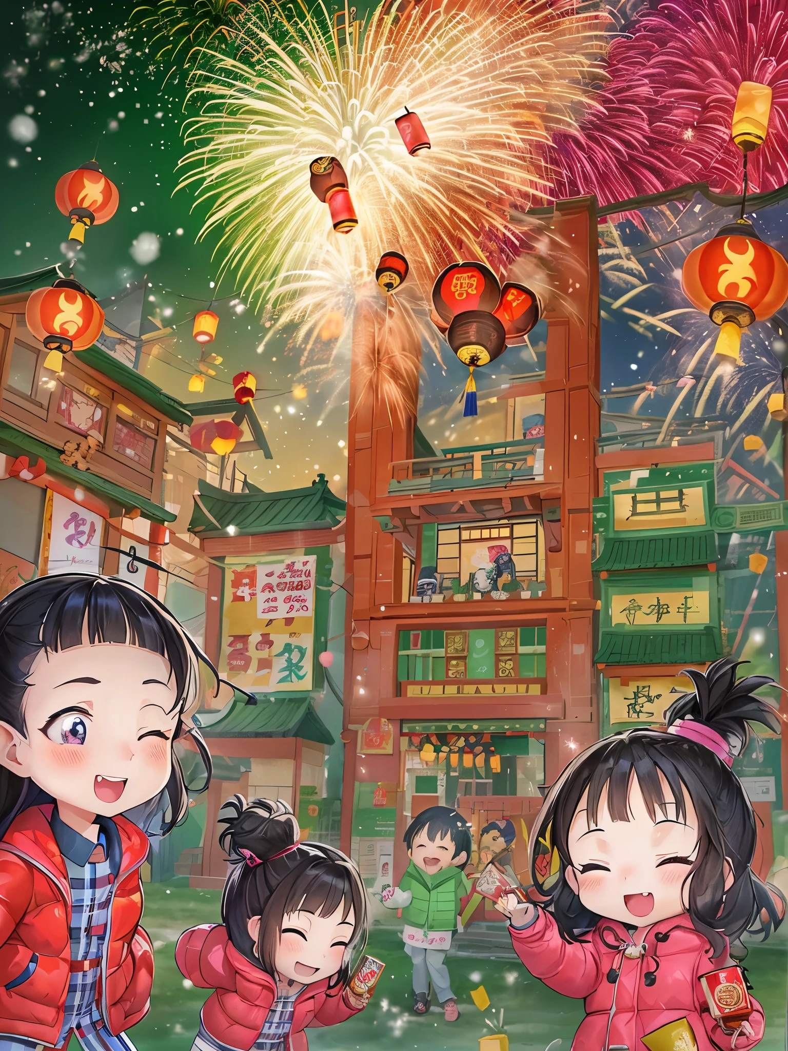 Kids Book, (Tim Burton style)，(Illustration captures the essence of Chinese New Year)，(Modern town:1.2), (Lanterns and festoons)，It's snowing，In the joyful atmosphere of the Spring Festival，(5 children in down jackets set off firecrackers and fireworks:1.5)，(There are many fireworks in the sky:1.5)，The picture is beautiful，(Detailed and vivid children&#39;s hand-drawn illustrations)，Show character expressions