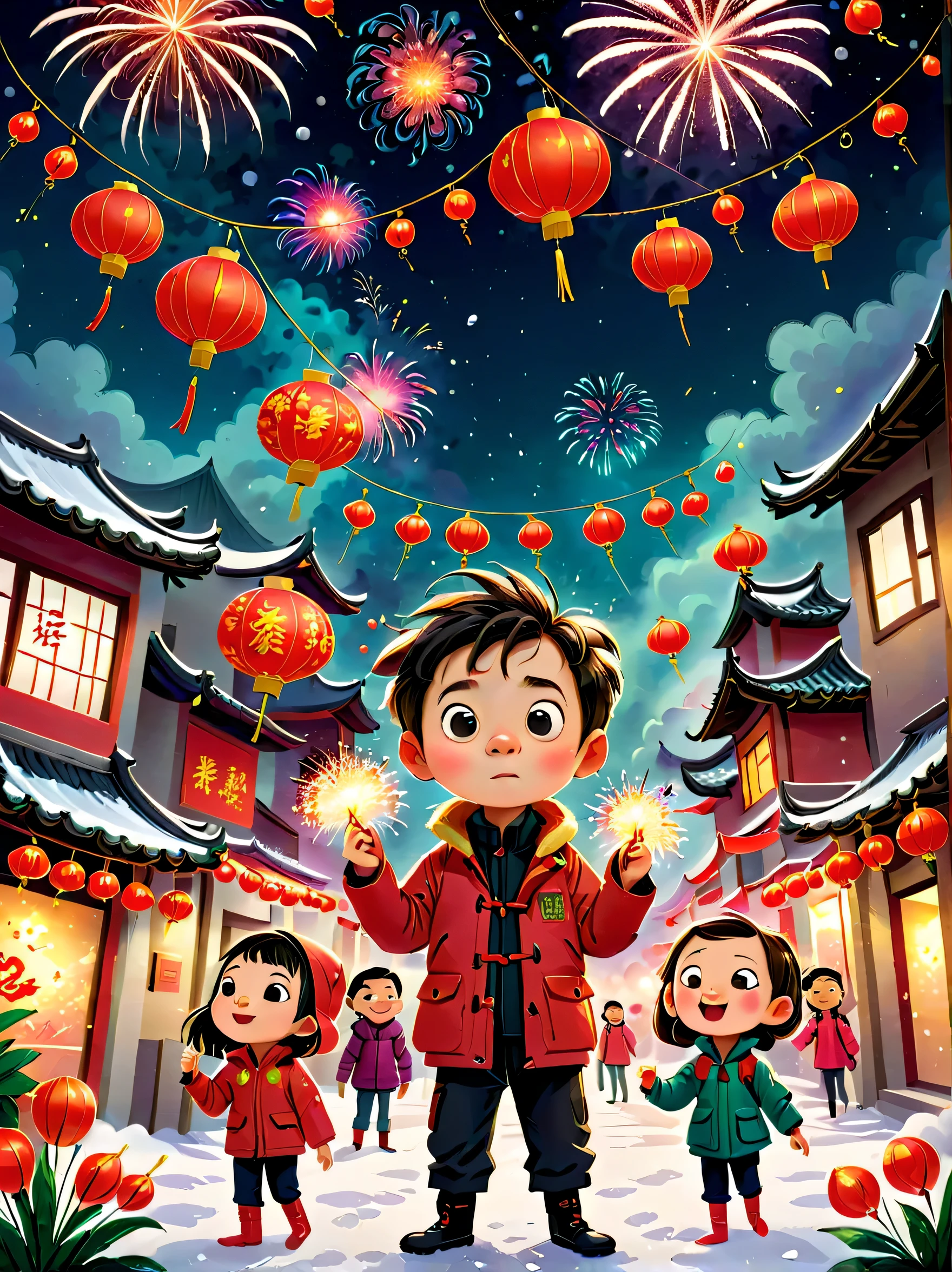 児童書, (Tim Burton style)，(Illustrations capture the essence of Chinese New Year)，(Modern town:1.2), (Lanterns and festoons)，It's snowing，In the joyful atmosphere of the New Year，(5 children wearing down jackets set off firecrackers)，(There are many fireworks in the sky)，the picture was beautiful，(Detailed and vivid children&#39;Hand drawn illustrations)，Show people&#39;s expressions