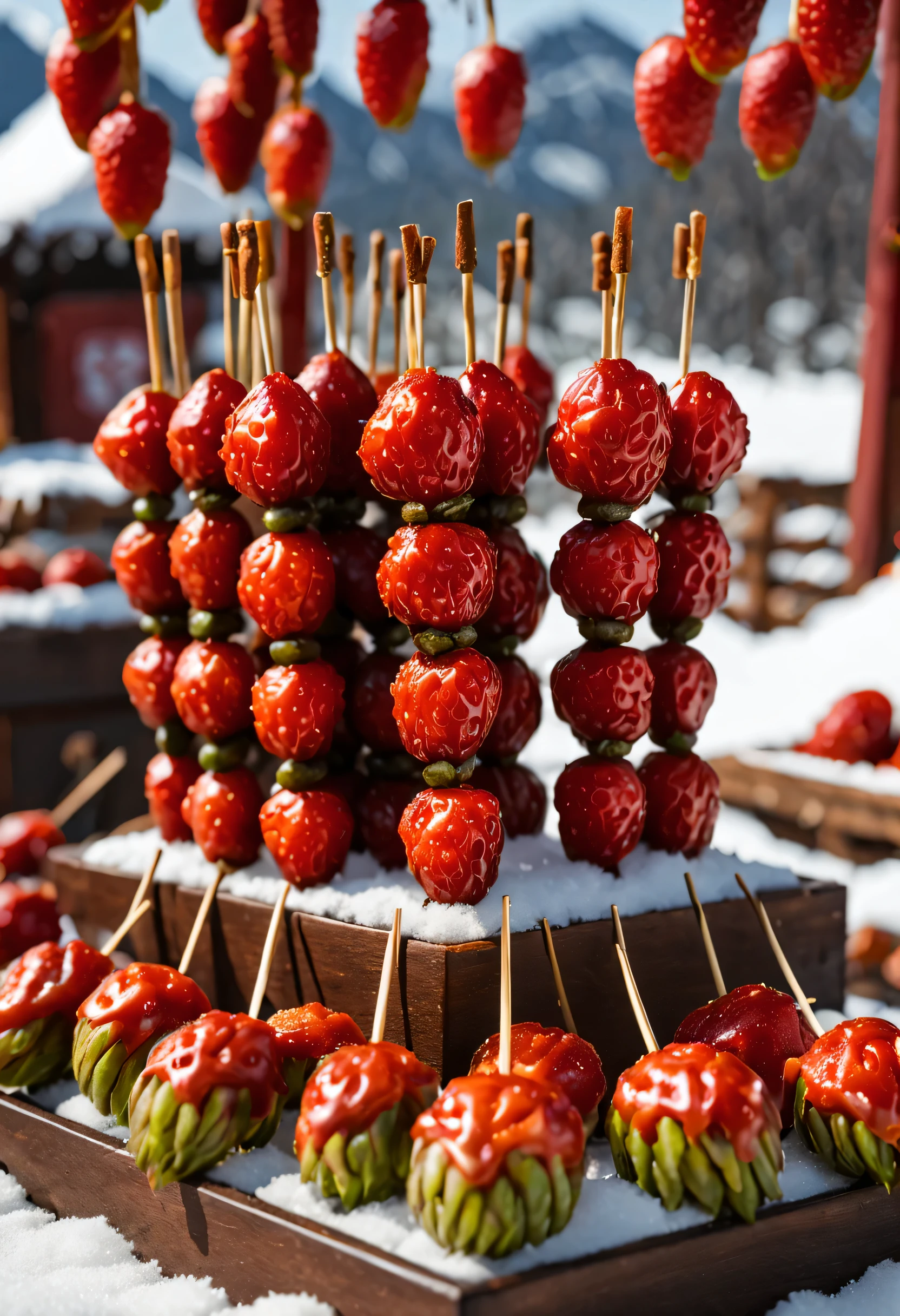 (Close-up of many candied haws skewers sold at the temple fair placed in wooden turtles），Round red dates and fresh green strawberrieackground with syrup and sesame seeds and: Northeast rural festival fireworks bloom on snow covered nights, The content is very detailed, Best quality at best, A high resolution, tmasterpiece, Live photos, 8K, Perspectives, rural,