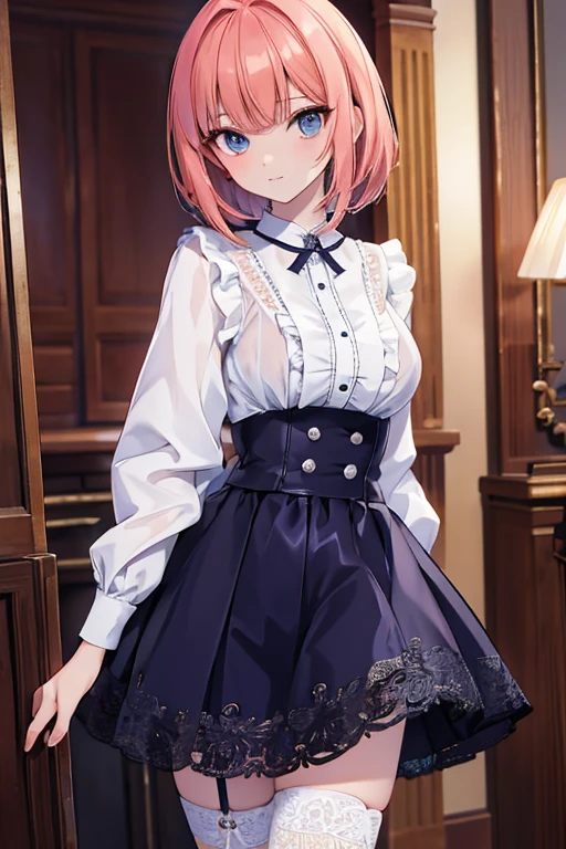 2d, Masterpiece, Best quality, Anime, high detail face, highly detail eyes, very detailed background, perfect lighting, 1fille, seulement, corps entier, debout, Legwear en latex, chemise blanche, cheveux roux, amulette