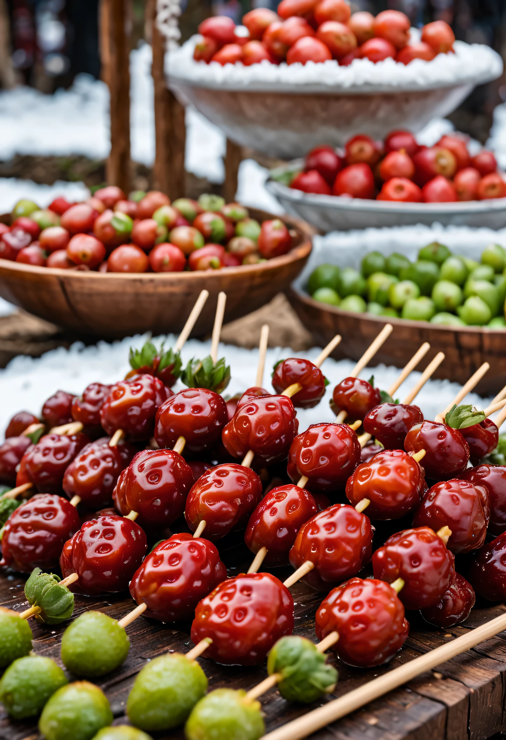 (Close-up of many candied haws skewers sold at the temple fair placed in wooden turtles），Round red dates and fresh green strawberrieackground with syrup and sesame seeds and: Northeast rural festival fireworks bloom on snow covered nights, The content is very detailed, Best quality at best, A high resolution, tmasterpiece, Live photos, 8K, Perspectives, rural,