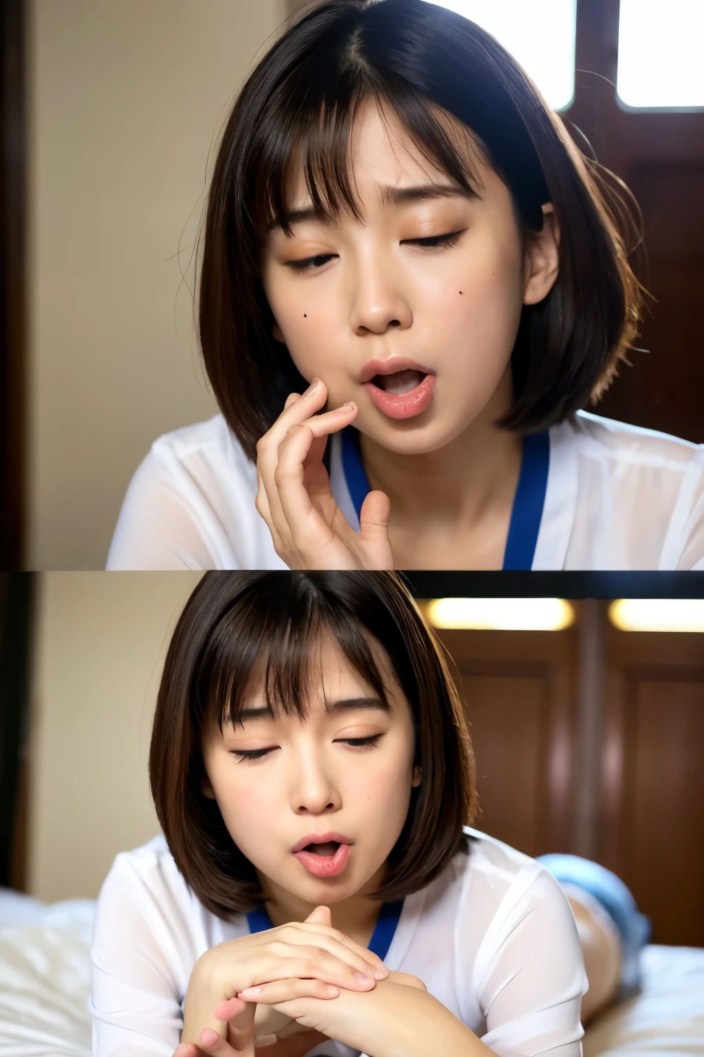 masutepiece, (Best Quality:1.4), [:Intricate details:0.2], 1girl in, Large breasts, camisole, all-fours, hands behind、Licking fingers、yawn