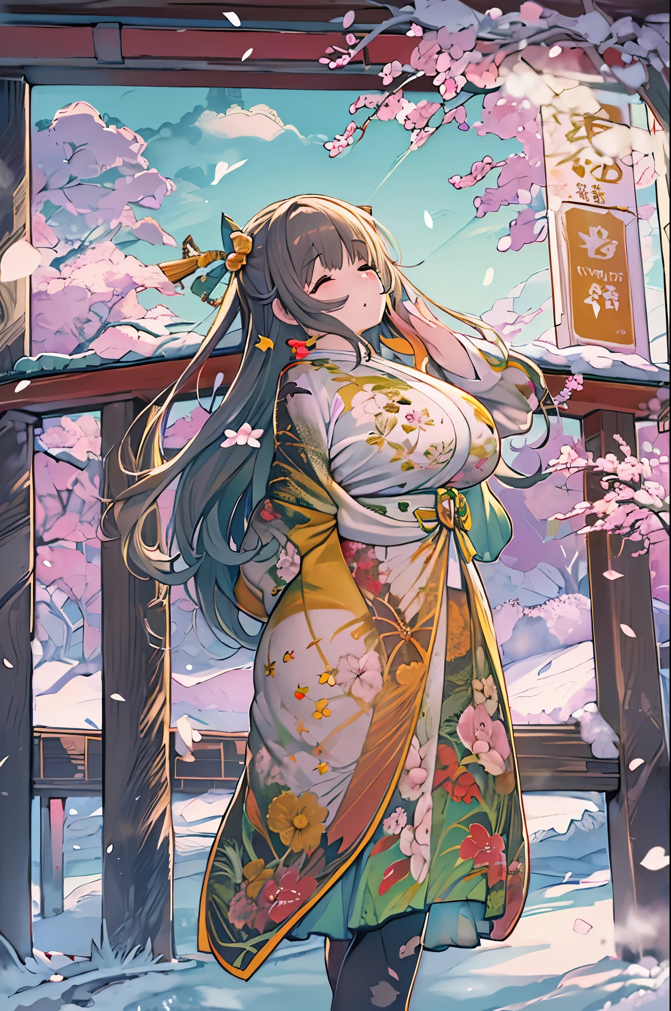 huge-breasted、kawaii、(Sunny Clothes)、torii gate,((Oblique angle))、{{close up to face}}、eye closed、bbw、thick thight、big butts、Ultramammy, Winter days, Anime Background Art, japanese art style, beautiful anime scene,detailed scenery - width 672, Background art, Anime landscapes, Anime Background, Beautiful anime scenery, Beautiful peace scenes in anime, landscape artwork, Japan Village, Anime landscapesコンセプトアート, 8K))、New Year’s Day、1 moon,Hand in hand、Pray、praying to God with her palms together