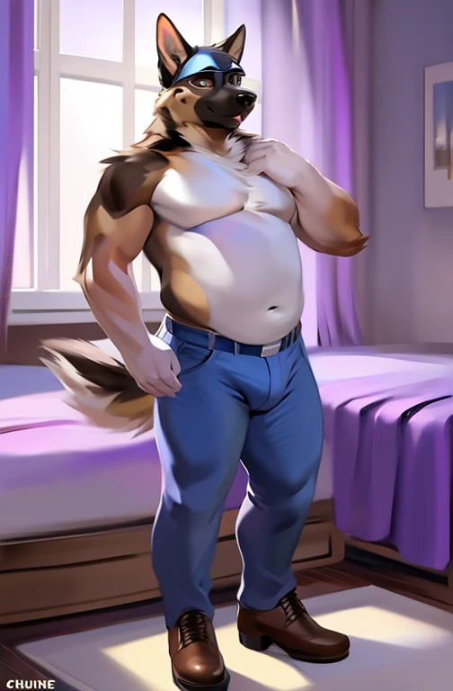 solo, male, german shepherd, wearing a purple color party domino eye mask, overweight, detailed penis , penis through fly, wearing a pink condom on, blue jeans, hand pulled down his jeans pants, brown cowboy boots, at a bedroom, by chunie