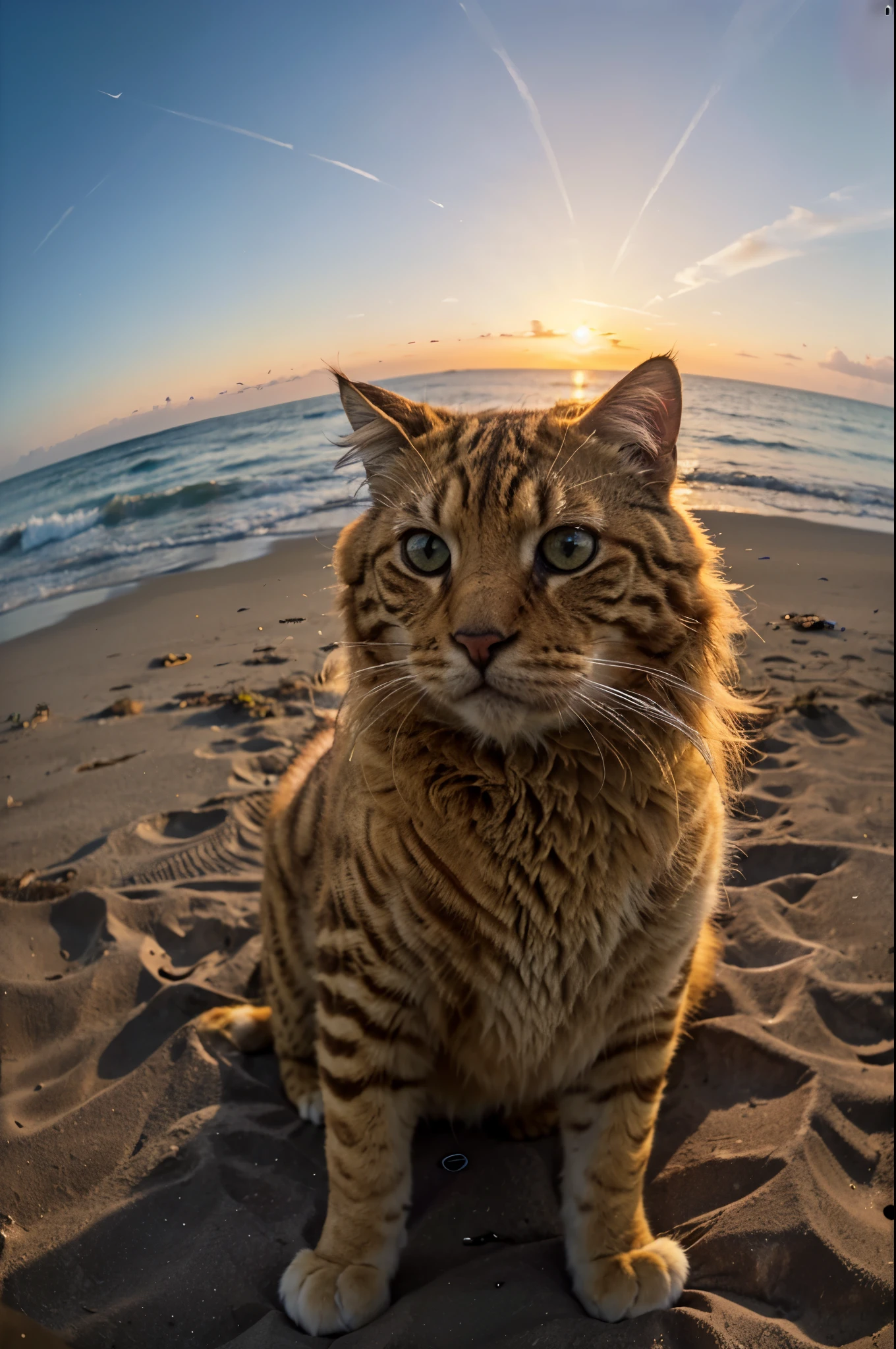 a big fluffy yellow cat taking selfie in a beach, in his mouth there's a fish, sunset, fisheye lens, establishing shot, pastel color grading, depth of field cinematography effect, film noir genre, 8k resolution, high quality, ultra detail