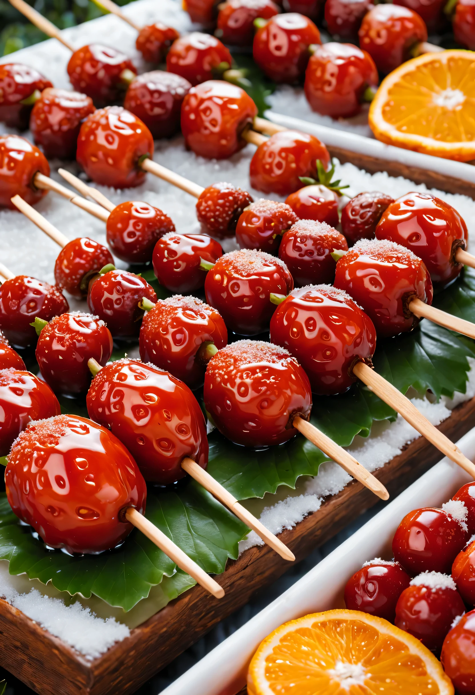 (Close-up of many candied haws skewers sold at the temple fair placed in wooden turtles），Round red dates and fresh green strawberries，orange petals，There is syrup and sesame seeds background and: Northeast rural festival fireworks bloom on snow covered nights, The content is very detailed, Best quality, A high resolution, tmasterpiece, Live photos, 8K, Perspectives, rural,