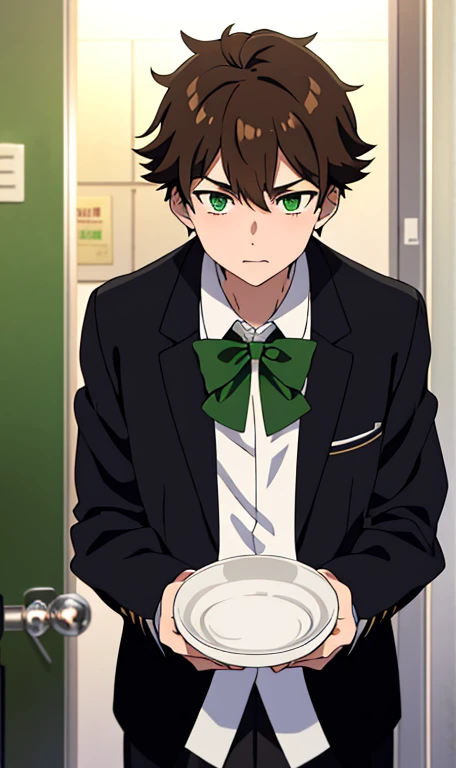 Boy, feminime boy,male high school uniform,green emerald eyes,brown hair